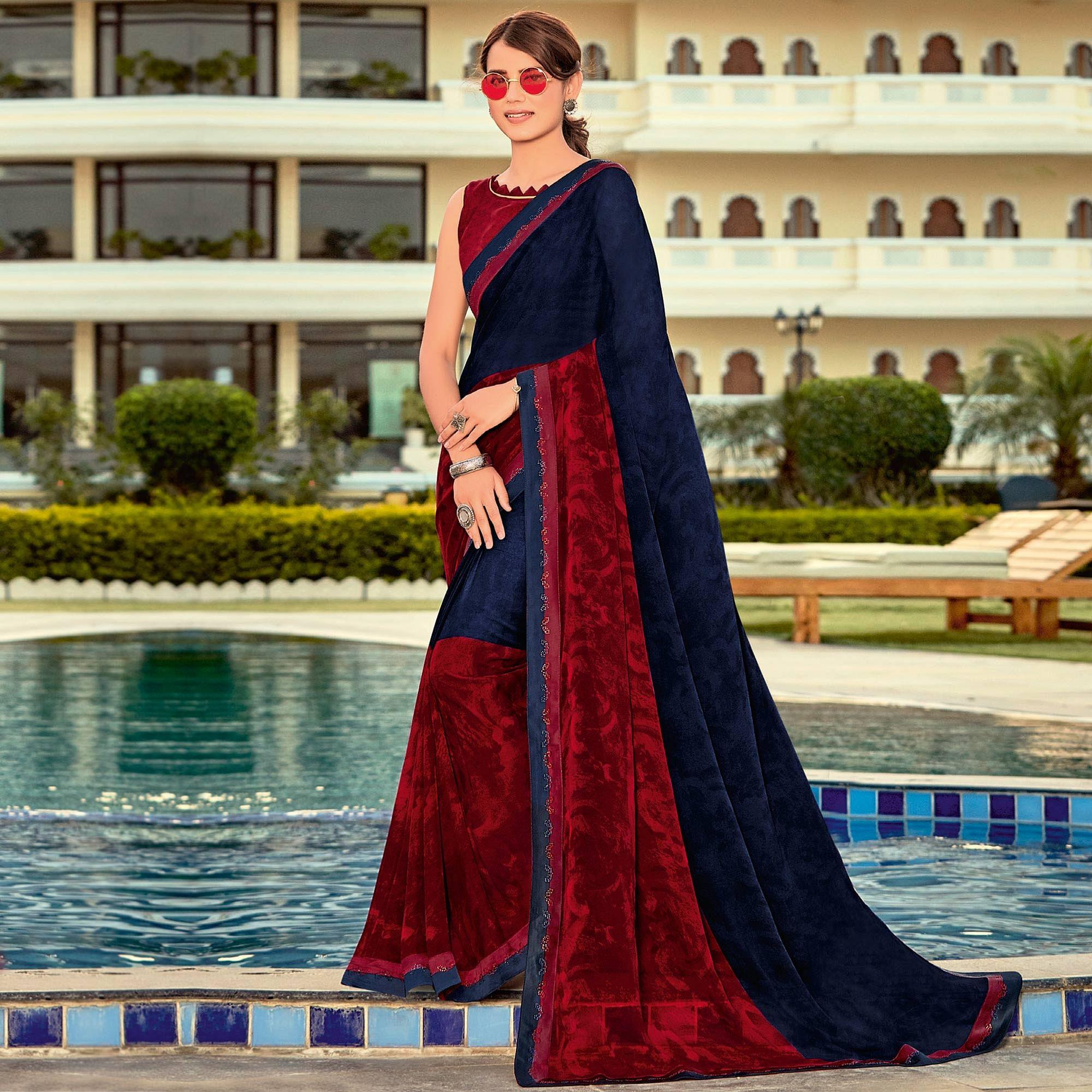 Navy Blue Casual Wear Printed Georgette Saree - Peachmode