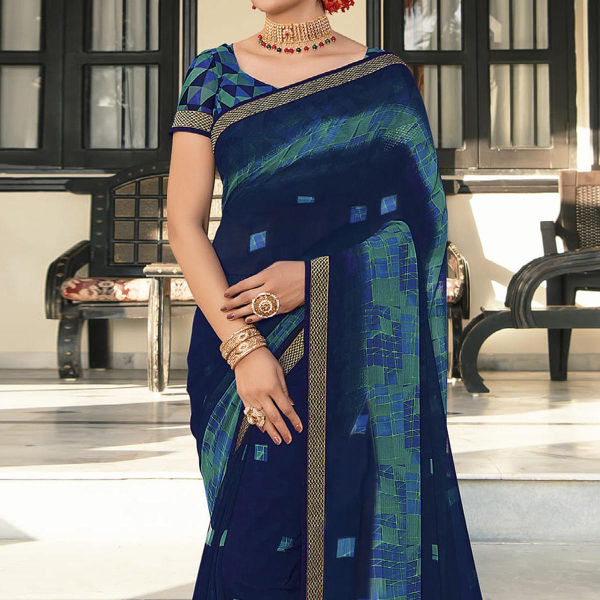Navy Blue Casual Wear Printed Georgette Saree - Peachmode