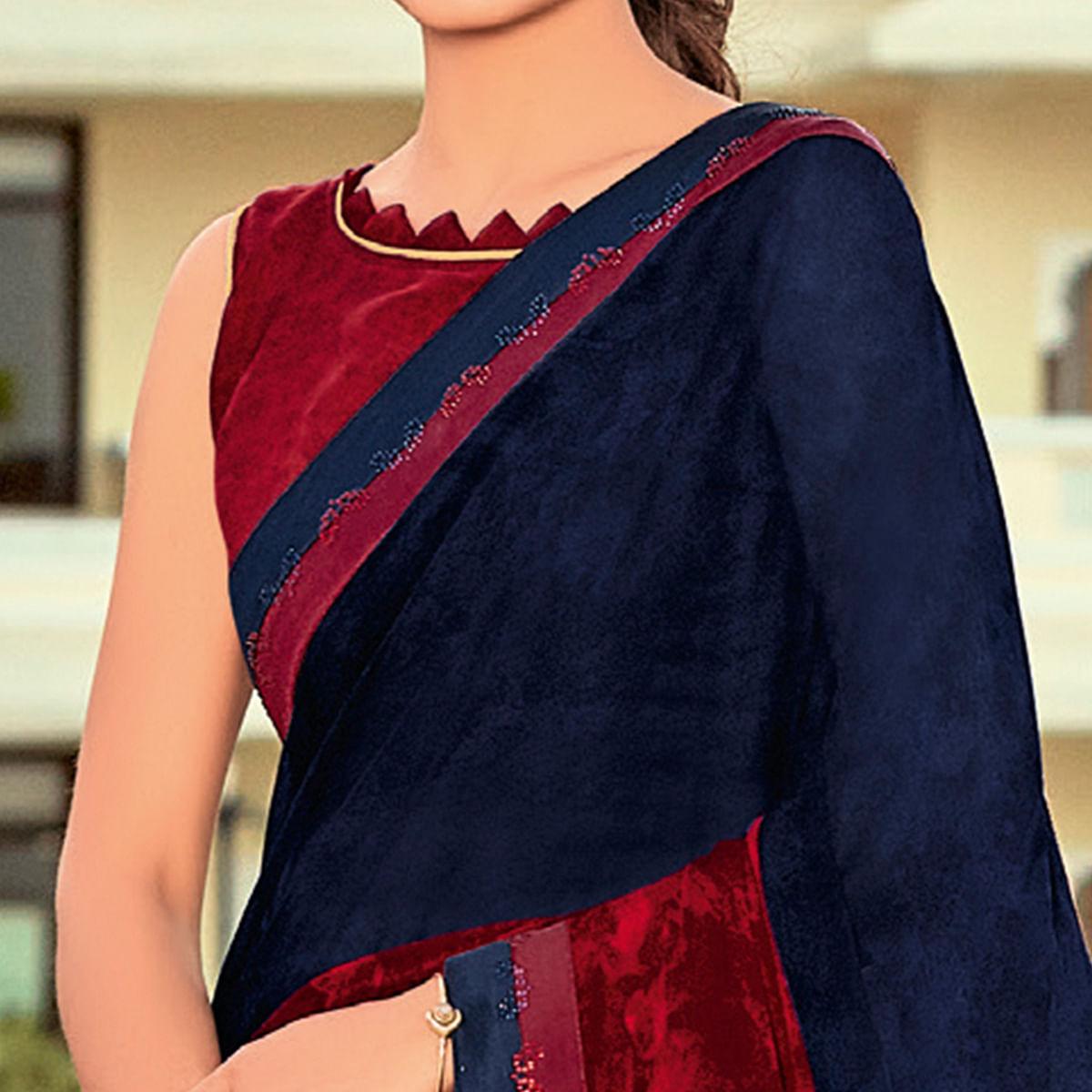 Navy Blue Casual Wear Printed Georgette Saree - Peachmode