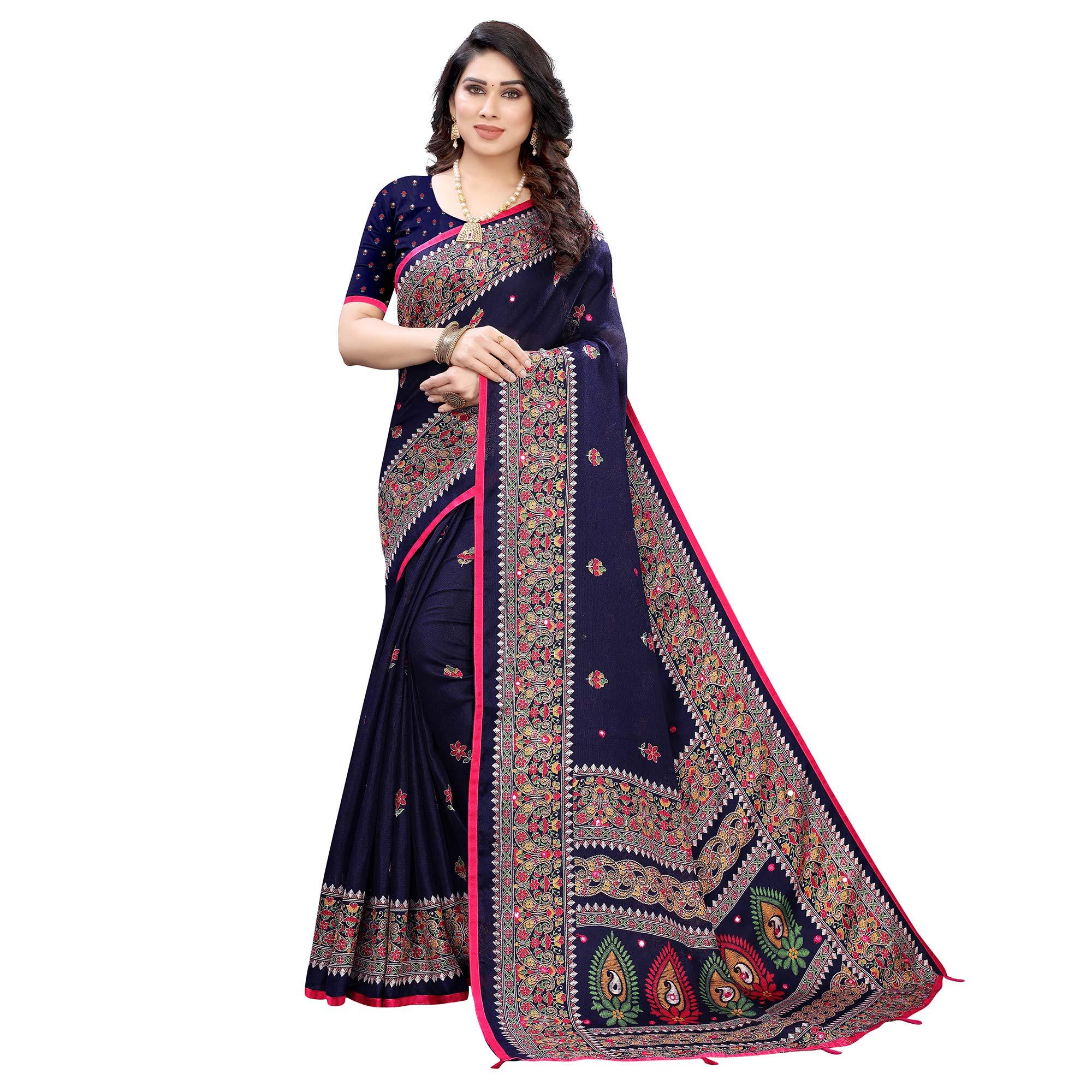 Navy Blue Casual Wear Printed Jute Silk Saree - Peachmode