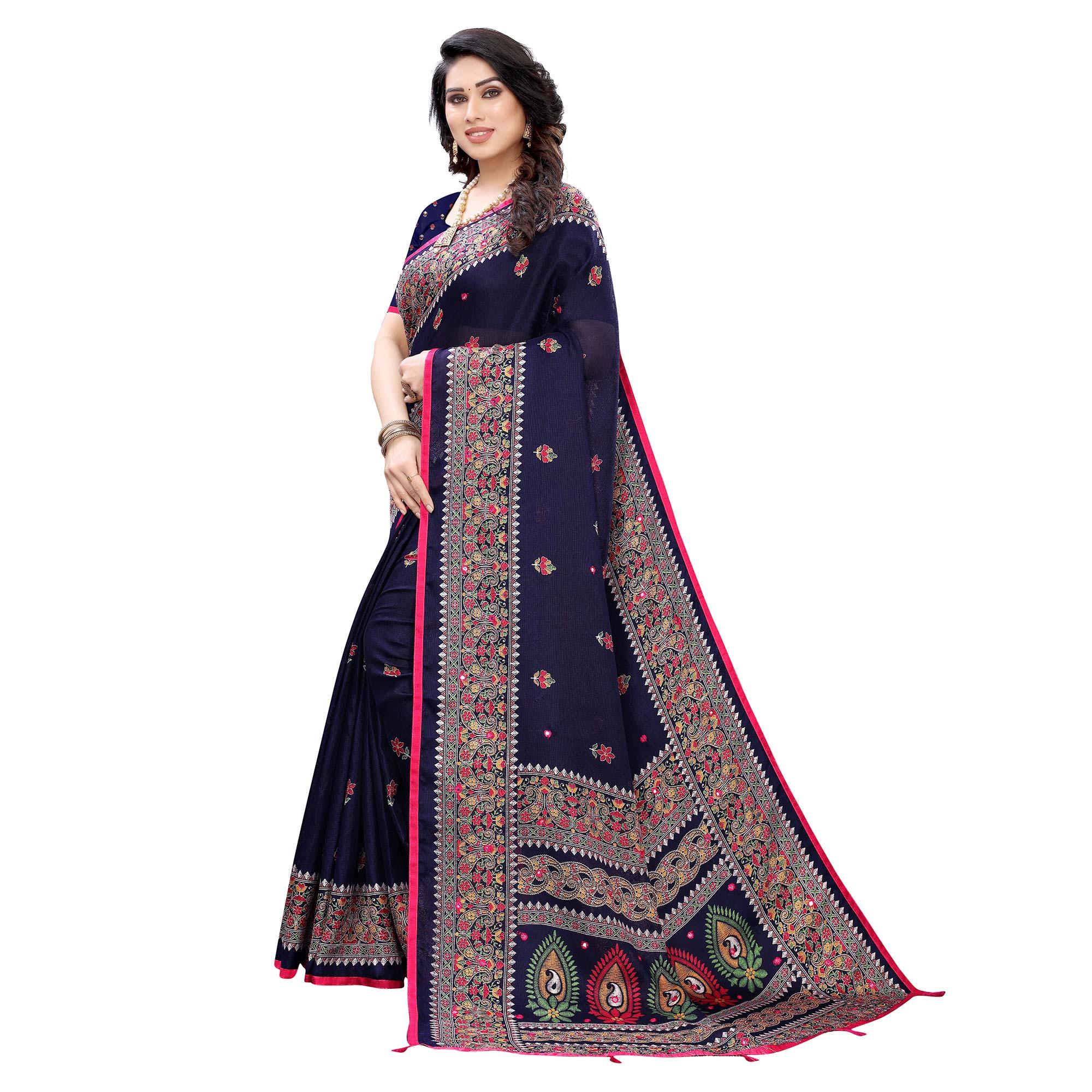 Navy Blue Casual Wear Printed Jute Silk Saree - Peachmode