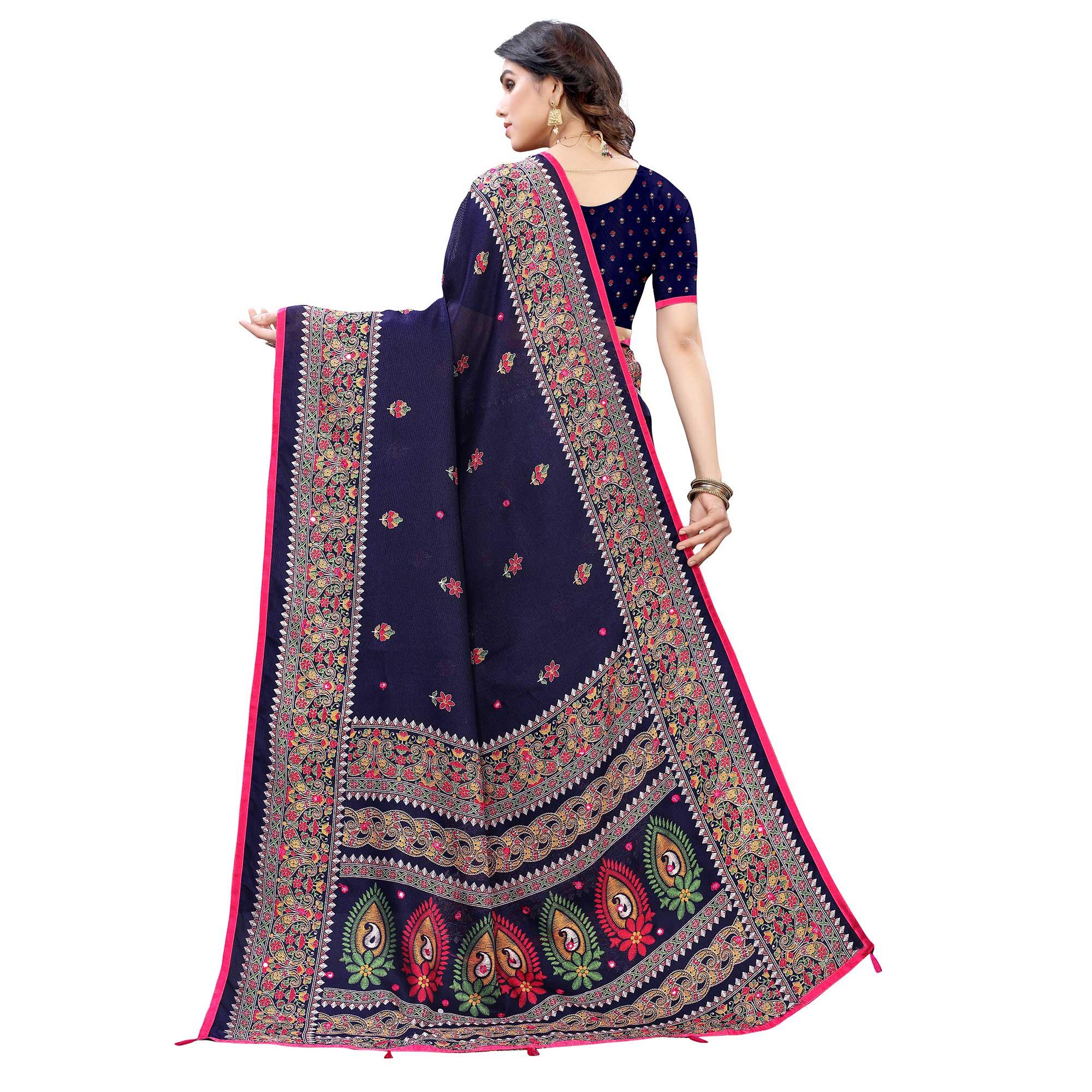 Navy Blue Casual Wear Printed Jute Silk Saree - Peachmode