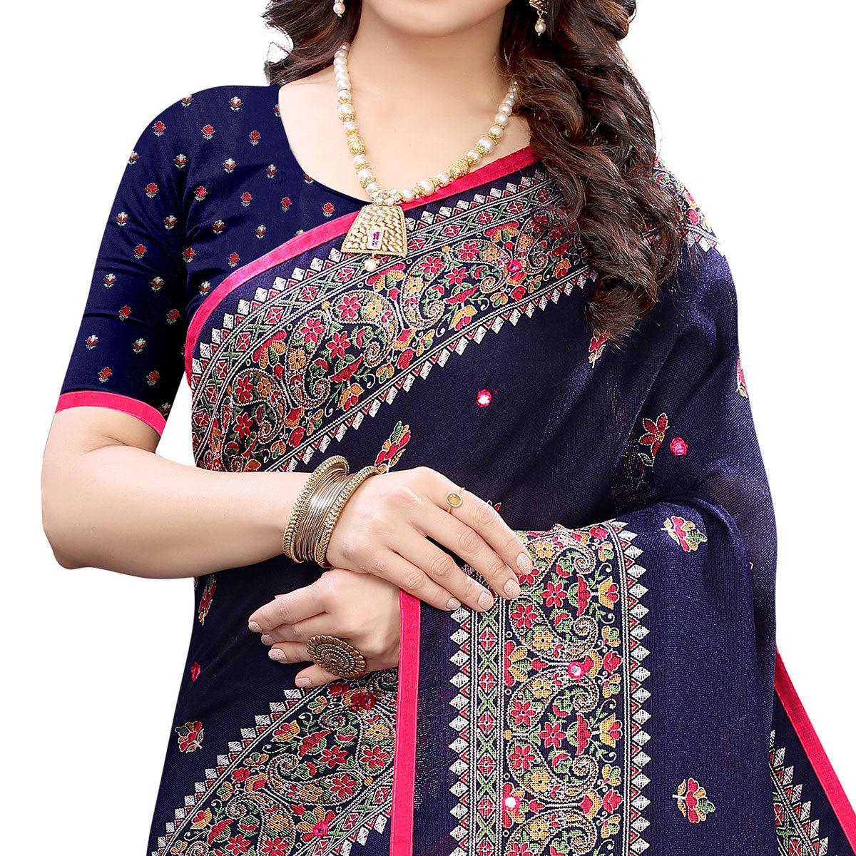 Navy Blue Casual Wear Printed Jute Silk Saree - Peachmode
