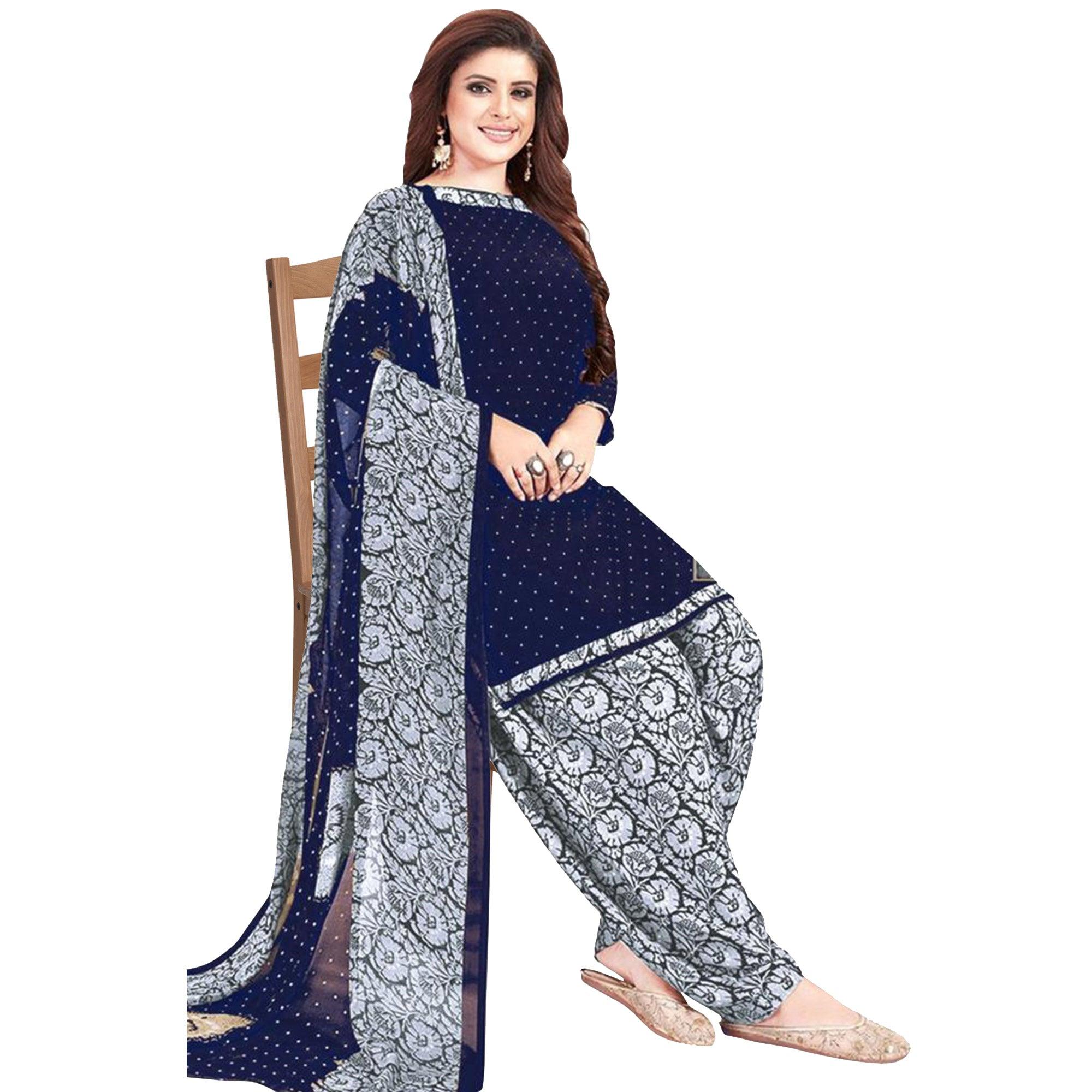 Navy Blue Casual Wear Printed Leon Patiala Dress Material - Peachmode