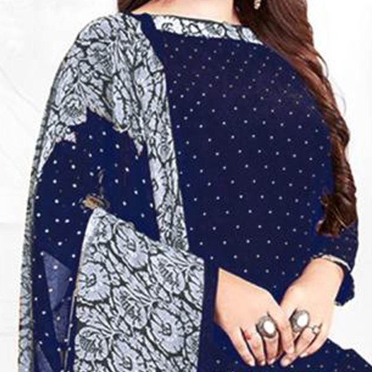 Navy Blue Casual Wear Printed Leon Patiala Dress Material - Peachmode