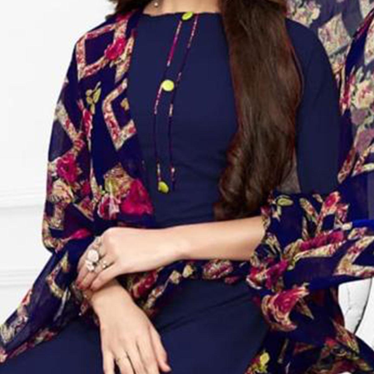 Navy Blue Casual Wear Printed Leon Patiala Dress Material - Peachmode