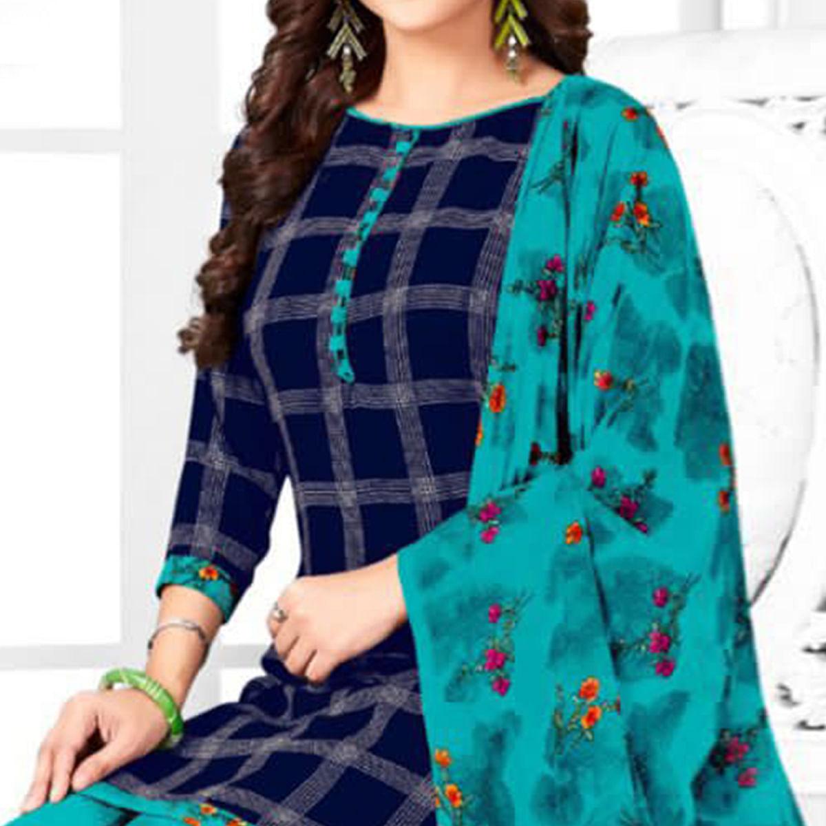 Navy Blue Casual Wear Printed Leon Patiala Dress Material - Peachmode