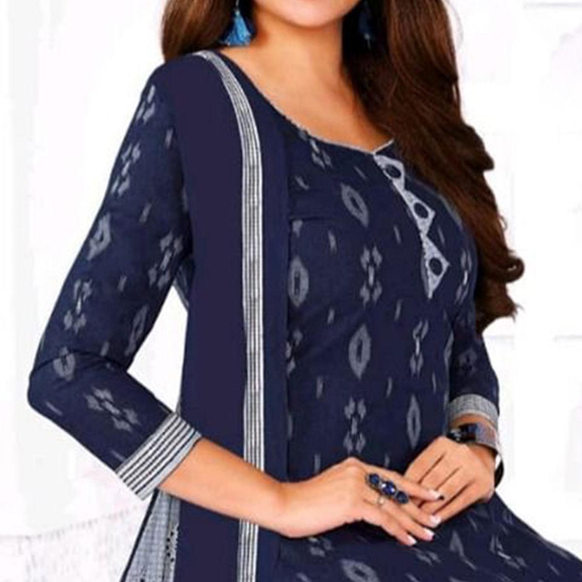 Navy Blue Casual Wear Printed Leon Patiala Dress Material - Peachmode