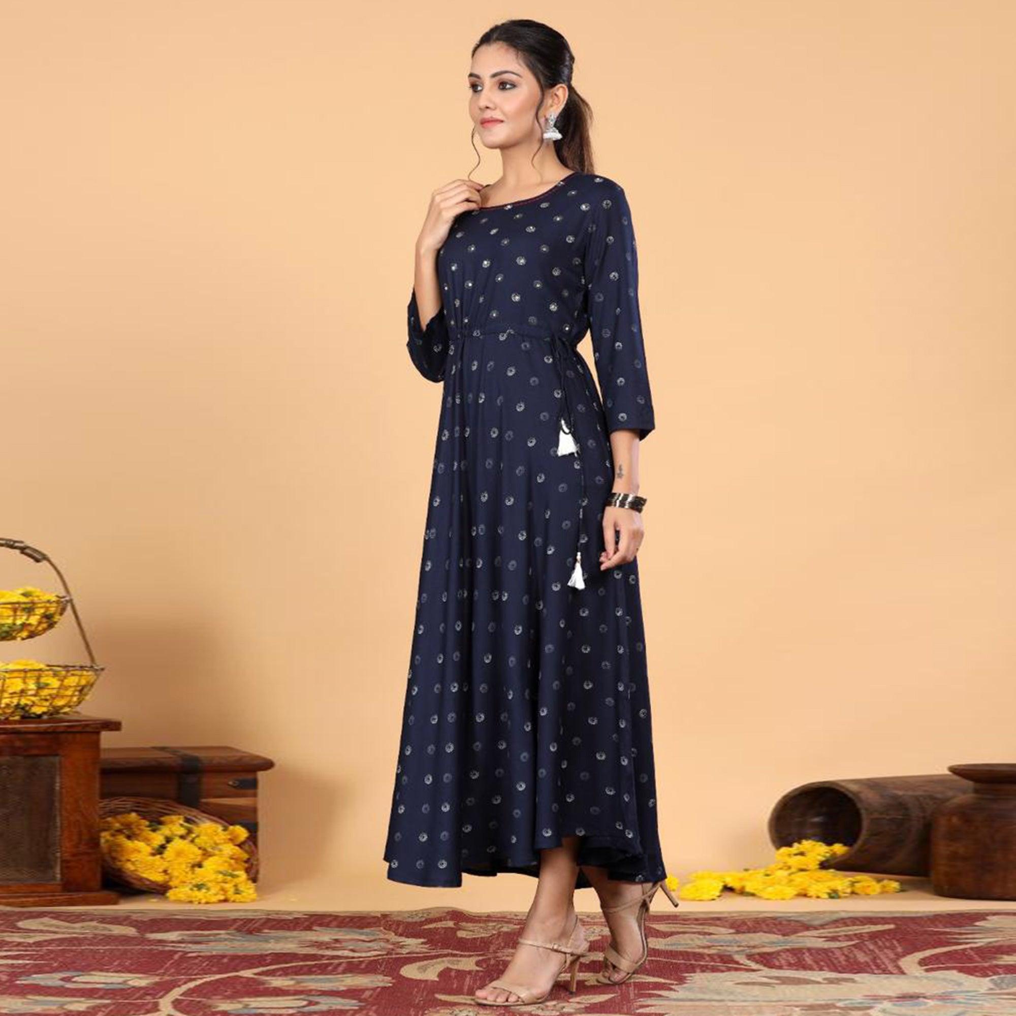 Navy Blue Casual Wear Printed Rayon Long Kurti - Peachmode