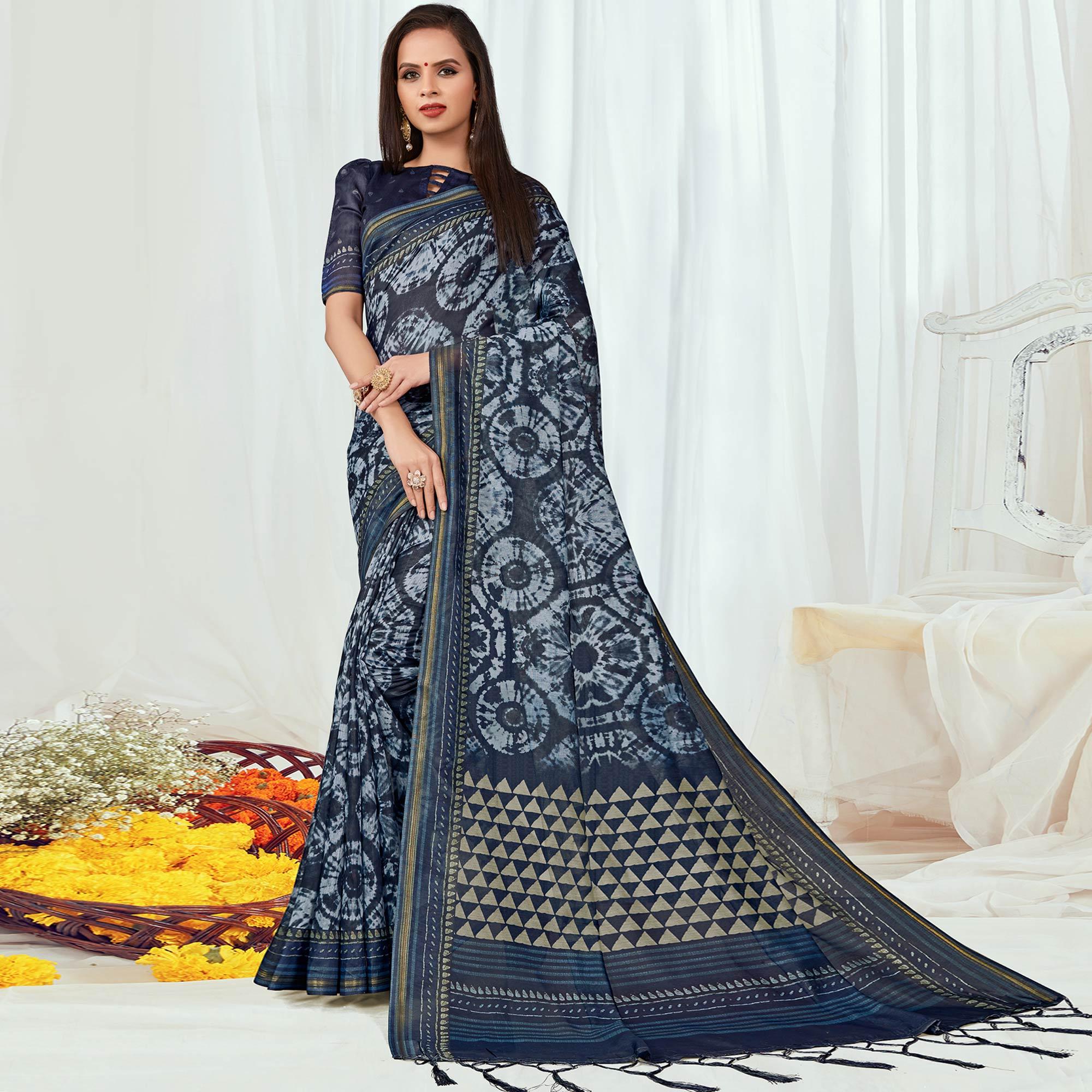 Navy Blue Casual Wear Printed Silk Saree - Peachmode