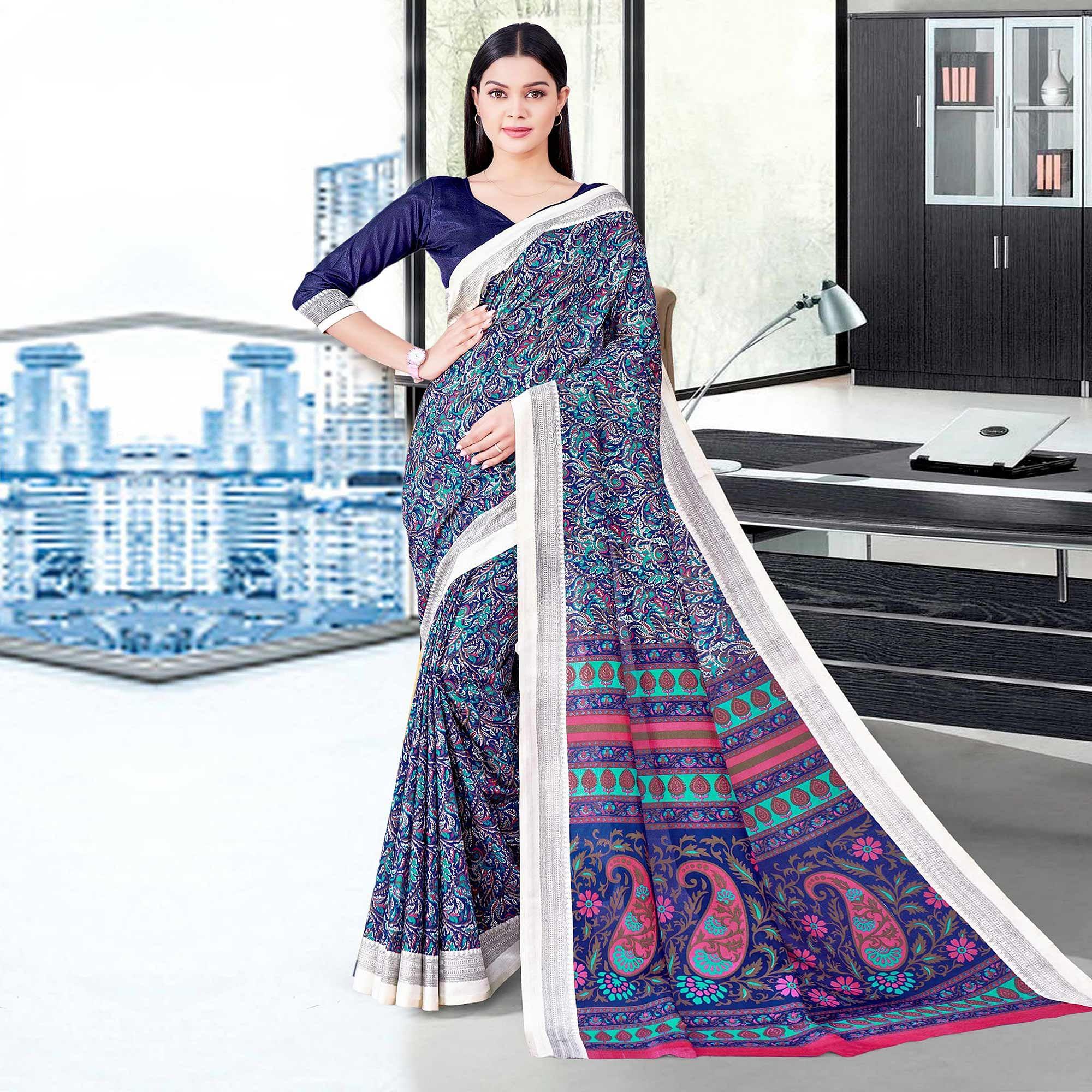 Navy Blue Casual Wear Printed Silk Saree - Peachmode