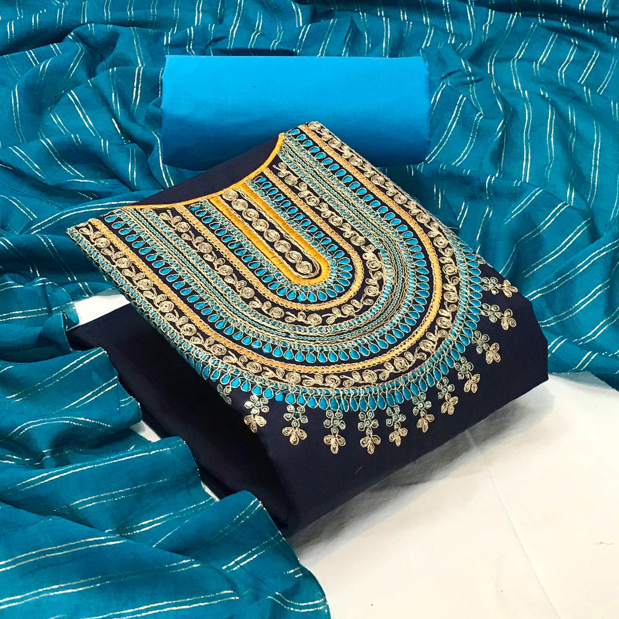 Navy Blue Casual Wear Sequence Embroidered Cotton Dress Material - Peachmode