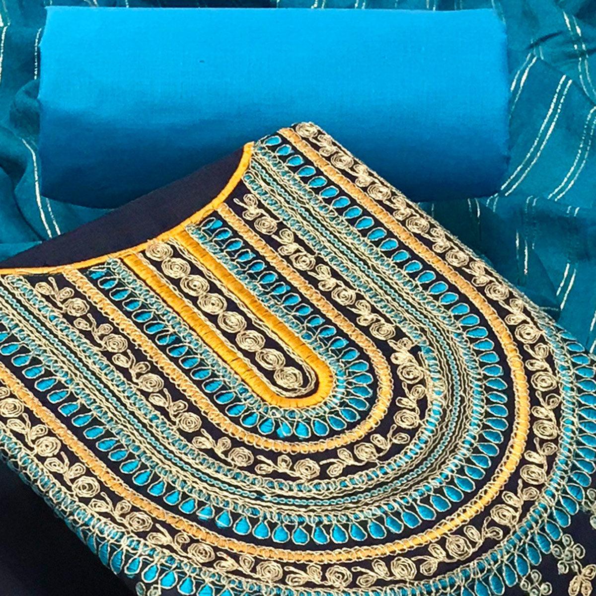Navy Blue Casual Wear Sequence Embroidered Cotton Dress Material - Peachmode