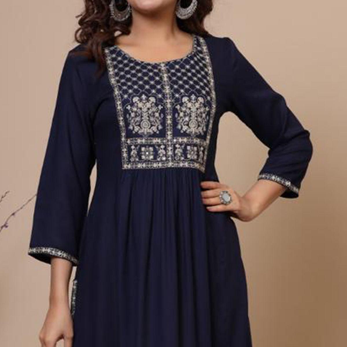 Navy Blue Casual Wear Sequence Embroidered Pure Cotton Kurti - Peachmode