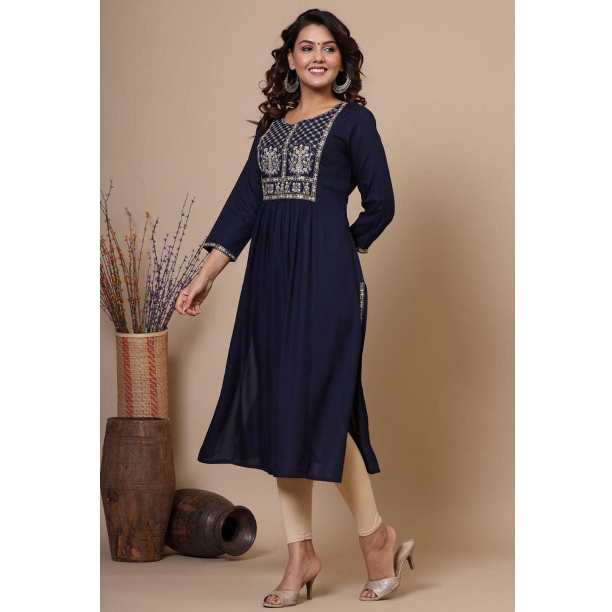 Navy Blue Casual Wear Sequence Embroidered Pure Cotton Kurti - Peachmode