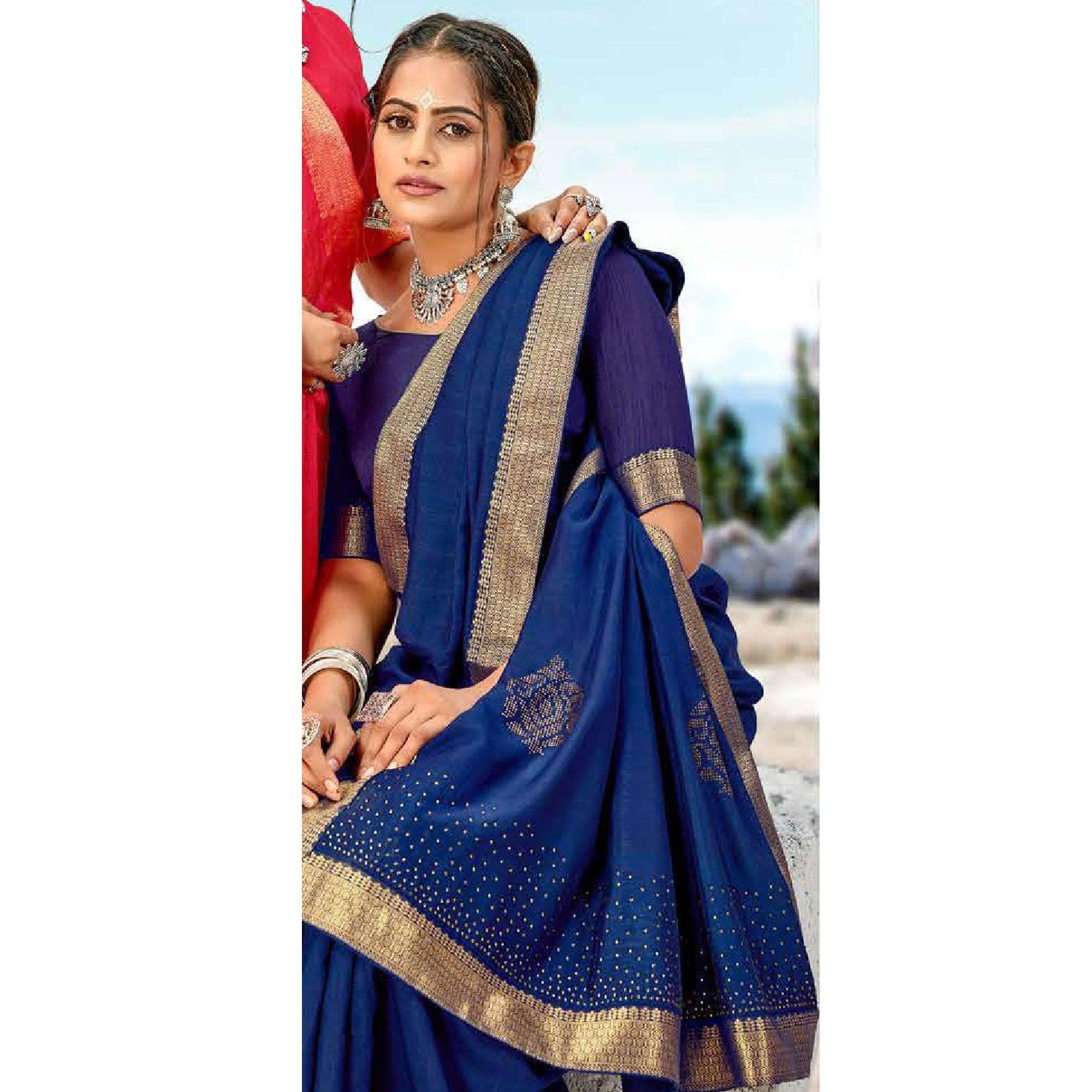 Navy Blue Casual Wear Solid And Woven Silk Saree - Peachmode