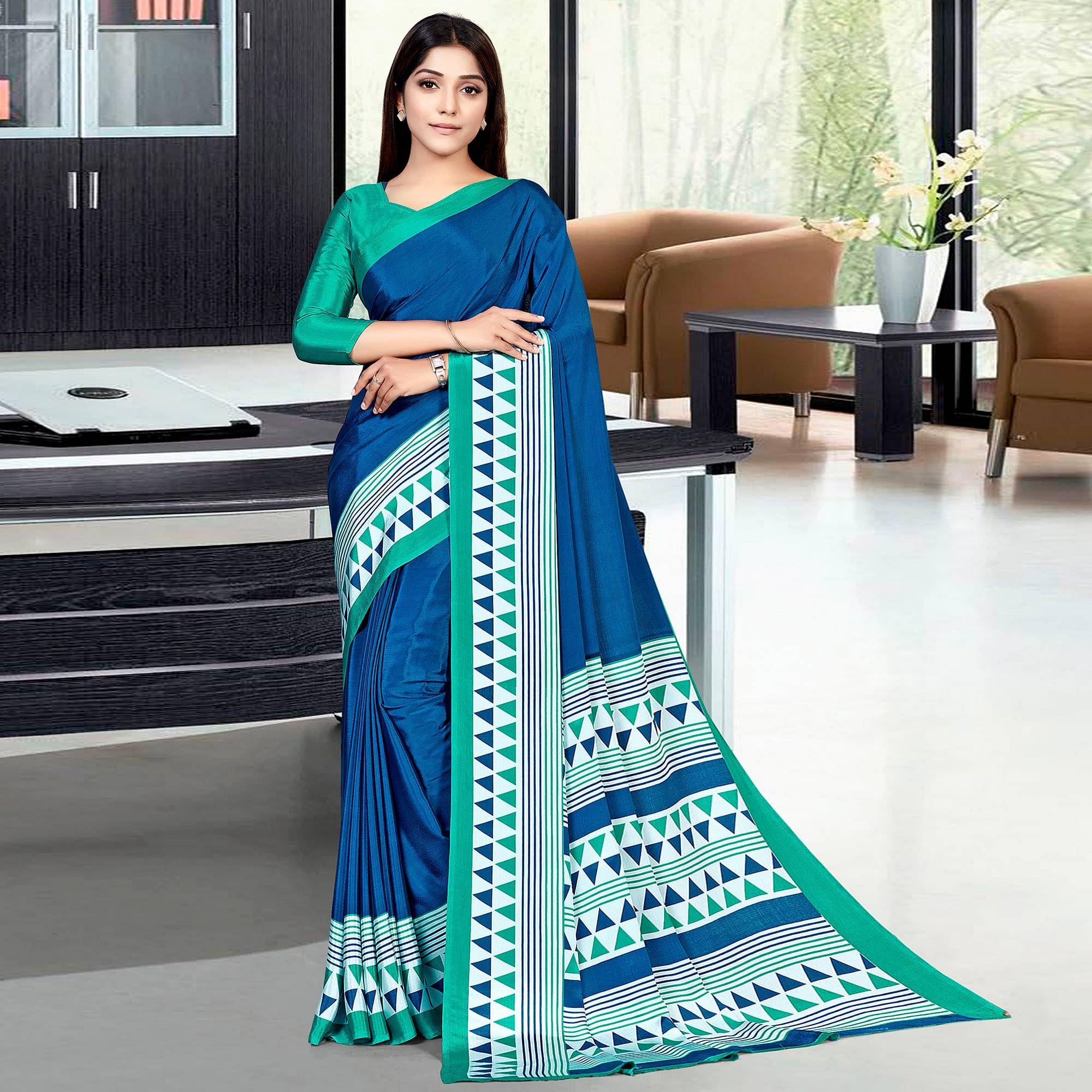Navy Blue Casual Wear Solid Silk Saree - Peachmode