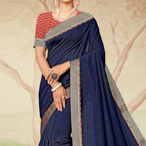 Navy Blue Casual Wear Solid Silk Saree - Peachmode