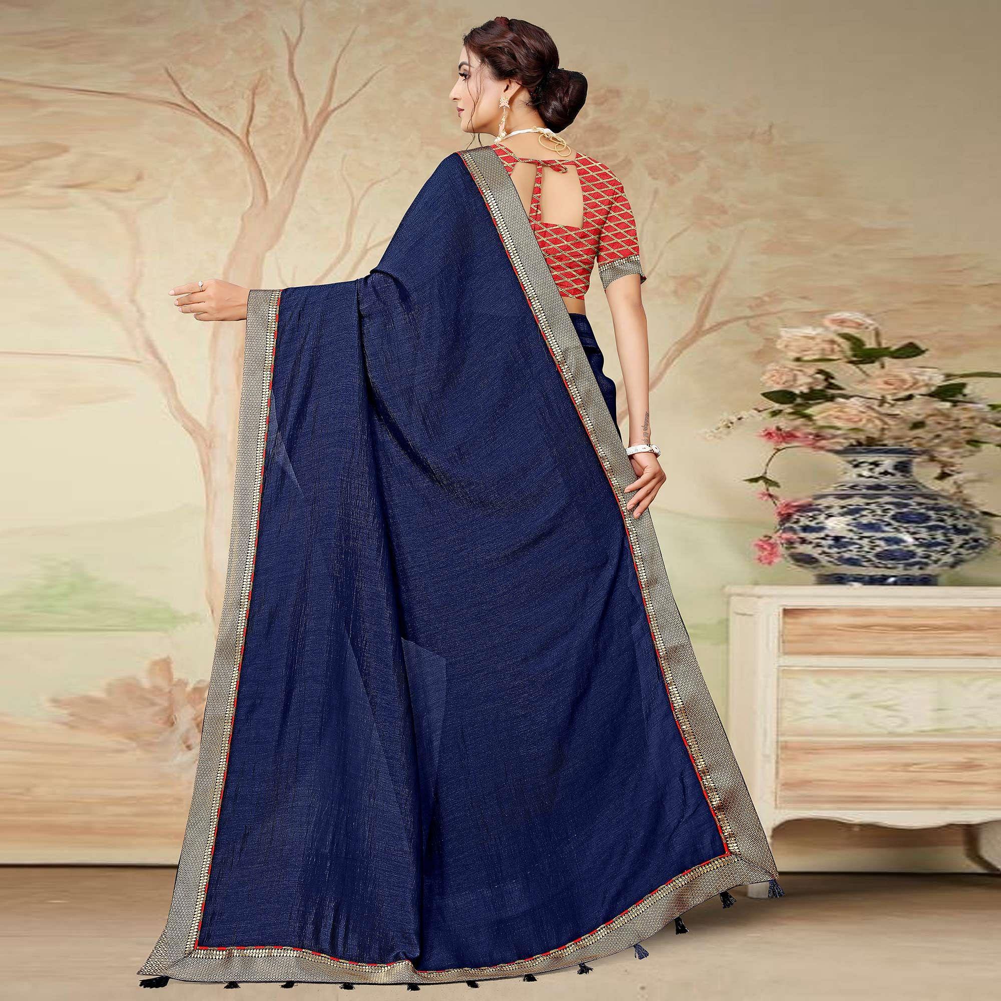 Navy Blue Casual Wear Solid Silk Saree - Peachmode