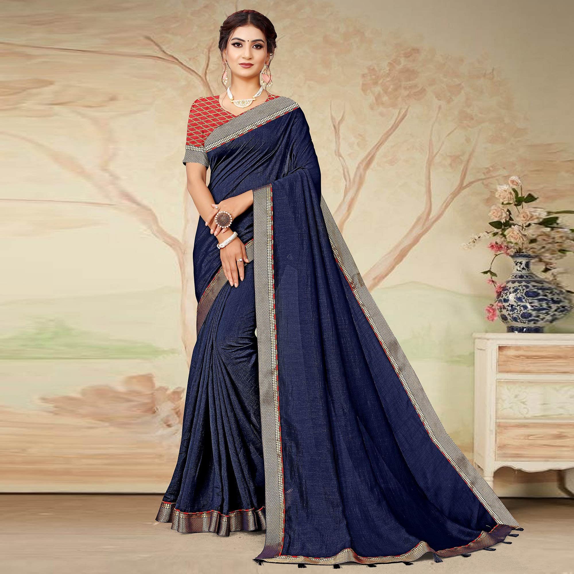 Navy Blue Casual Wear Solid Silk Saree - Peachmode