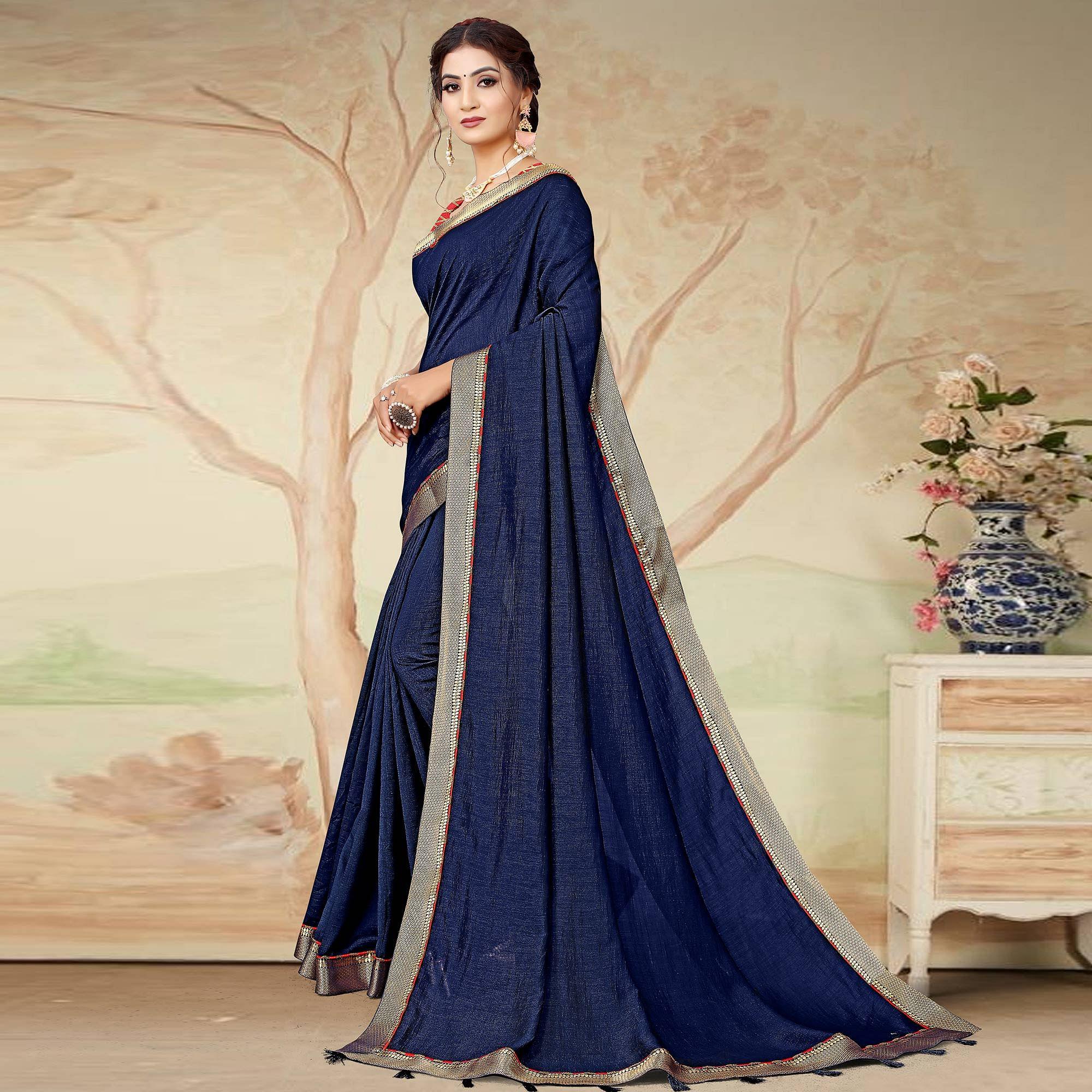 Navy Blue Casual Wear Solid Silk Saree - Peachmode