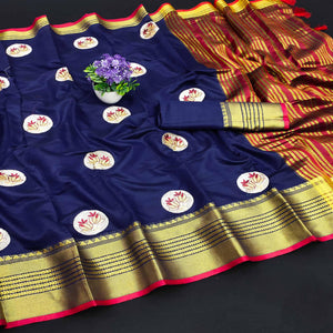 Navy Blue Casual Wear Woven Chanderi Silk Saree - Peachmode