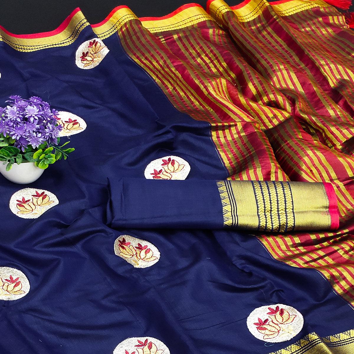 Navy Blue Casual Wear Woven Chanderi Silk Saree - Peachmode