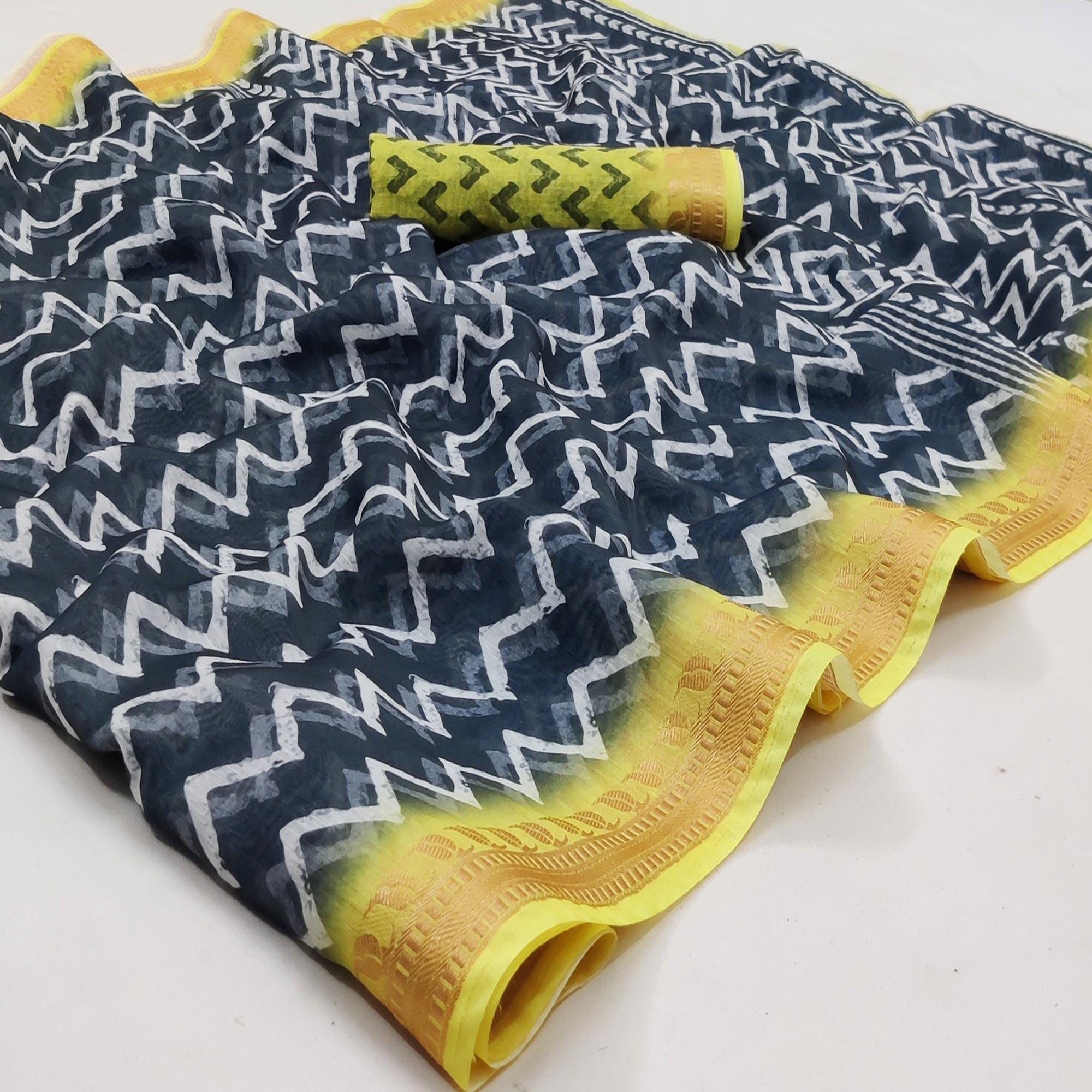 Navy Blue Casual Wear Zigzag Digital Printed Linen Saree - Peachmode
