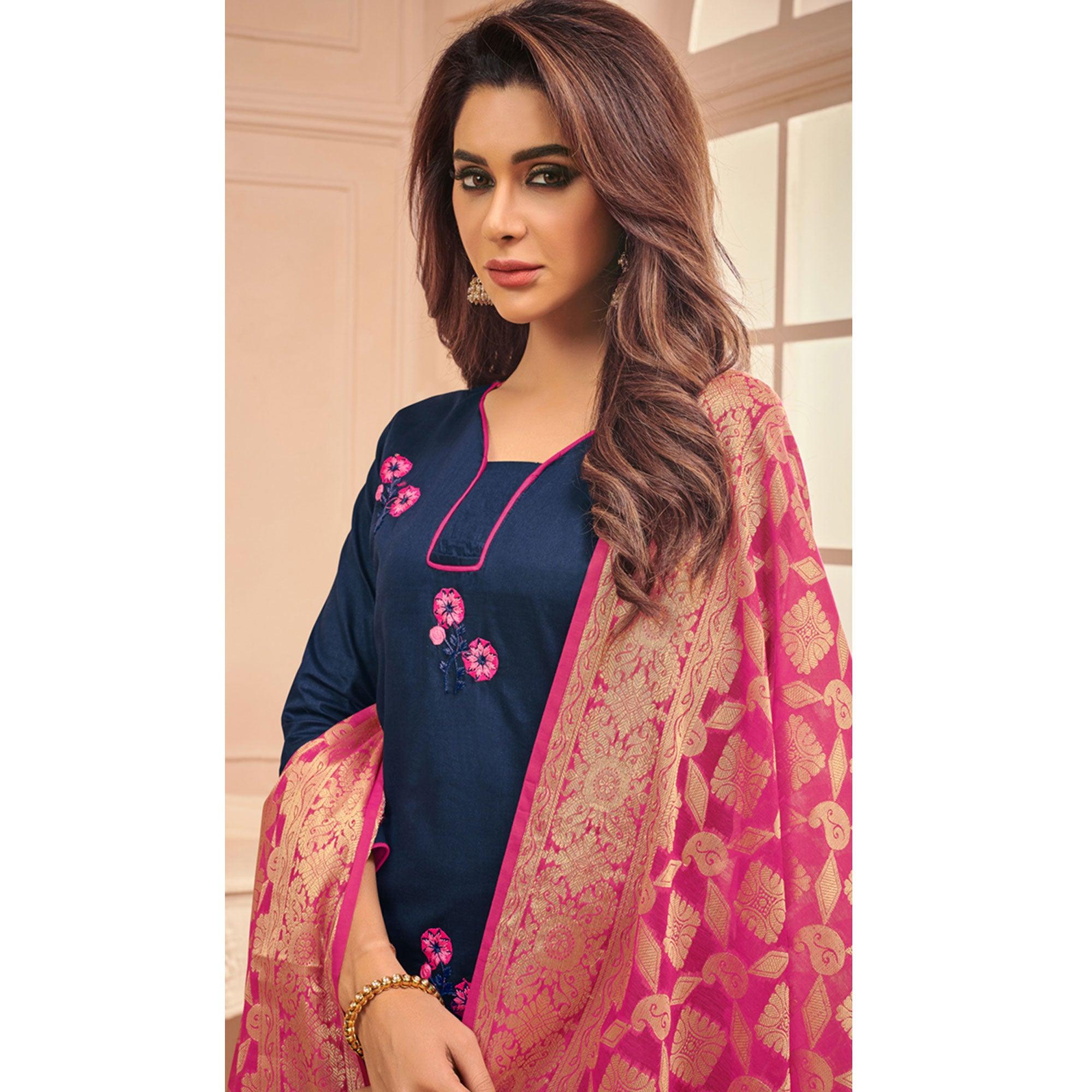 Navy Blue Colored Casual Wear Embroidered Cotton Dress Material With Banarasi Silk Dupatta - Peachmode