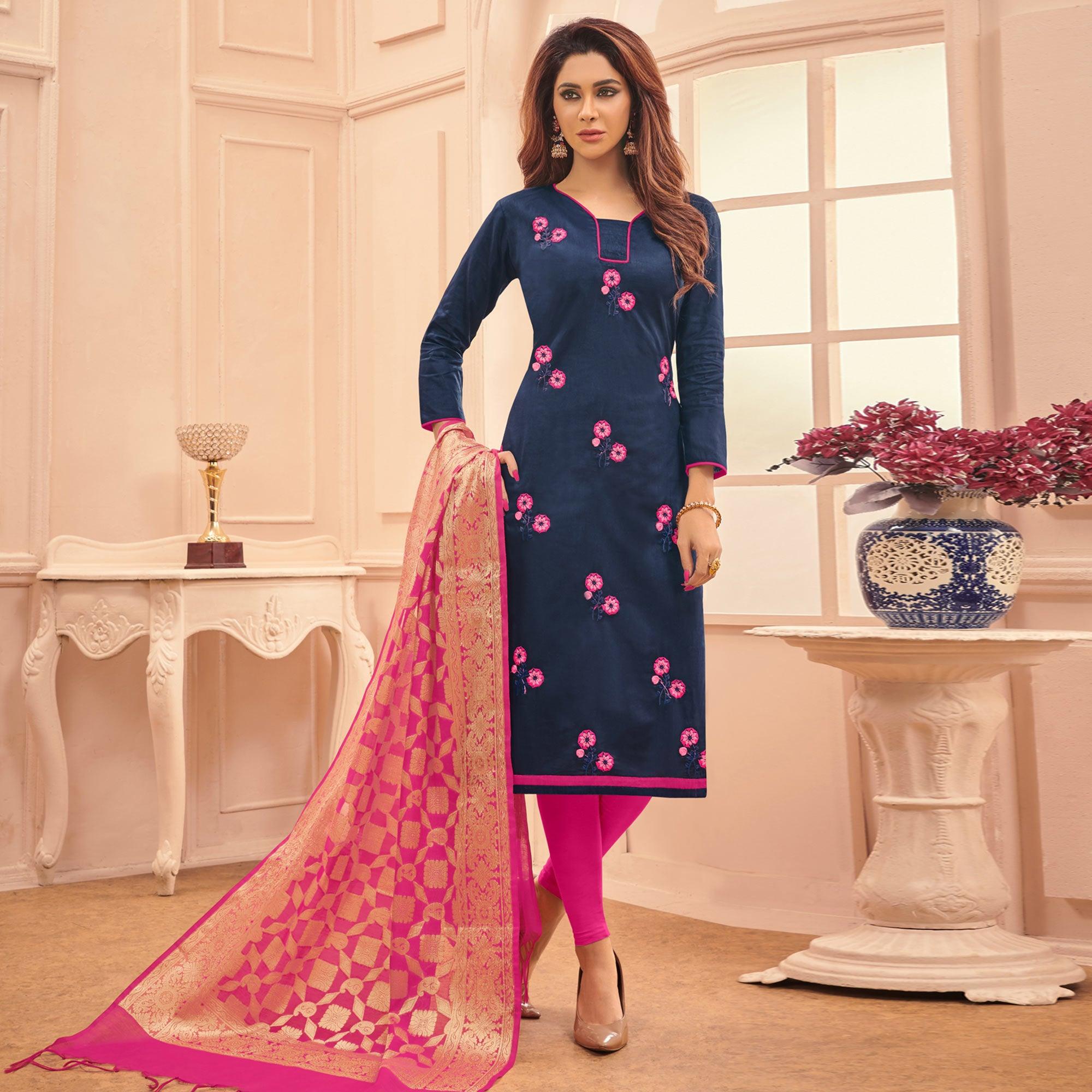 Navy Blue Colored Casual Wear Embroidered Cotton Dress Material With Banarasi Silk Dupatta - Peachmode