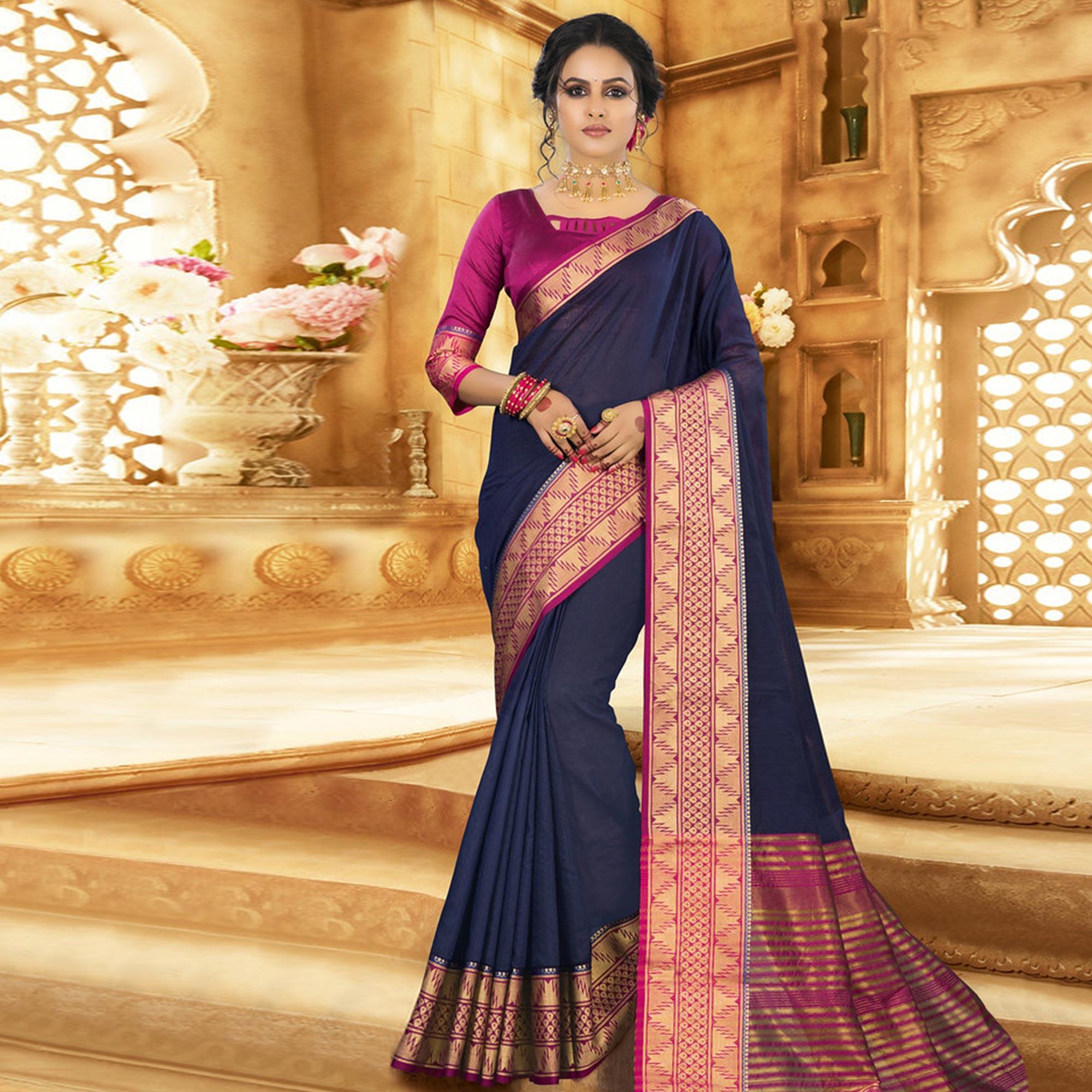 Navy Blue Colored Festive Wear Woven Jute Saree - Peachmode