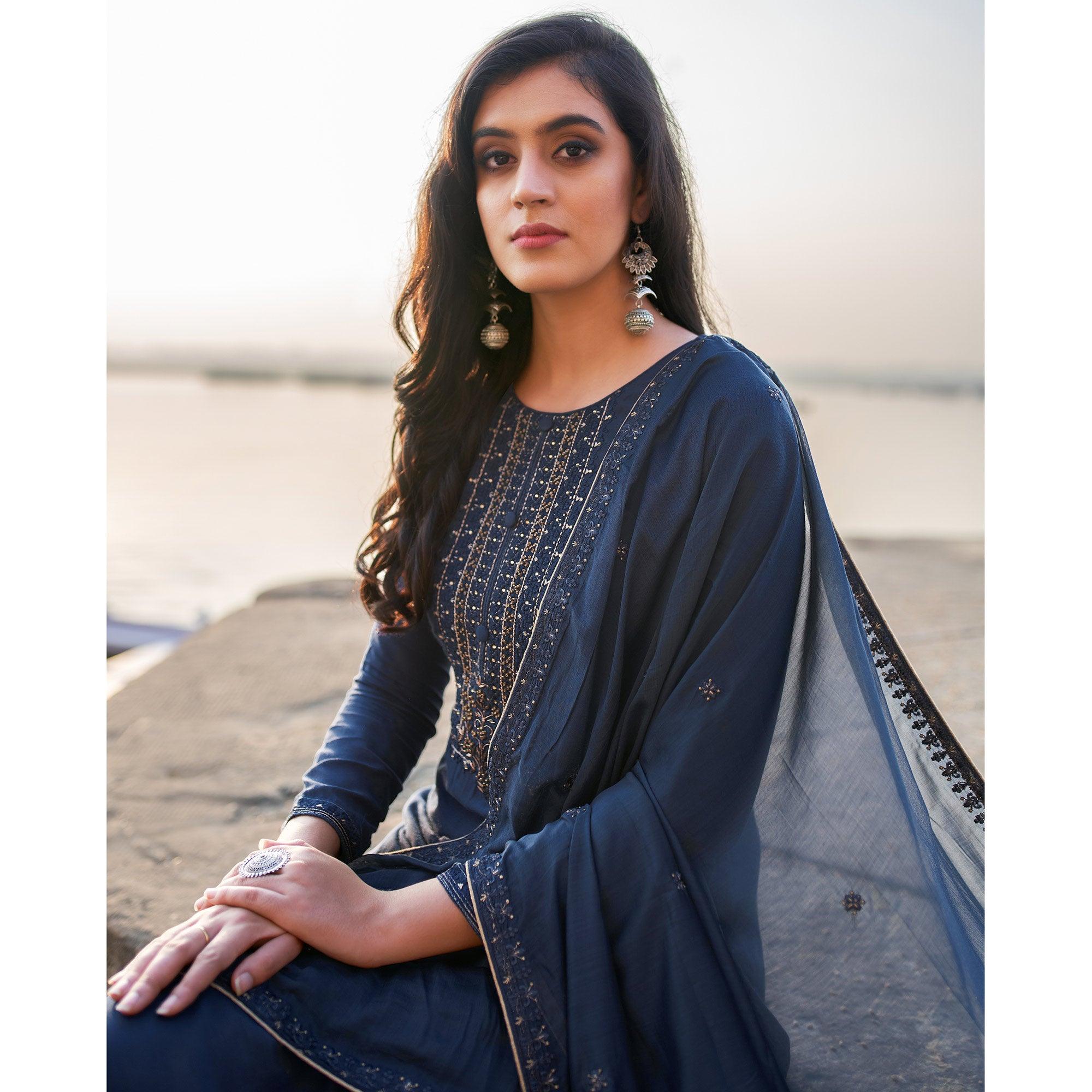 Navy Blue Coloured Handwork Partywear Cotton Silk Palazzo Suit - Peachmode