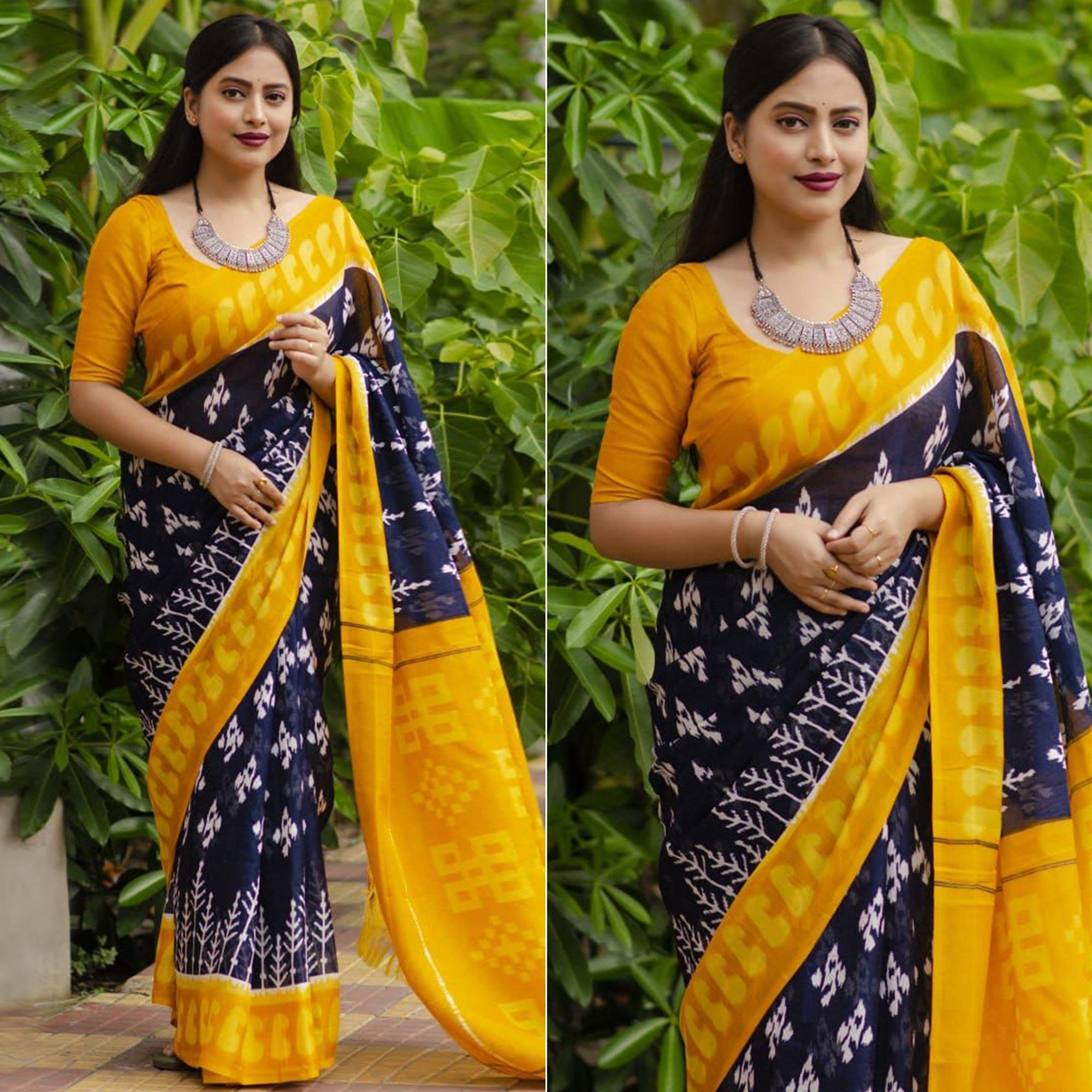 Navy Blue Digital Ikkat Printed Linen Saree - Peachmode