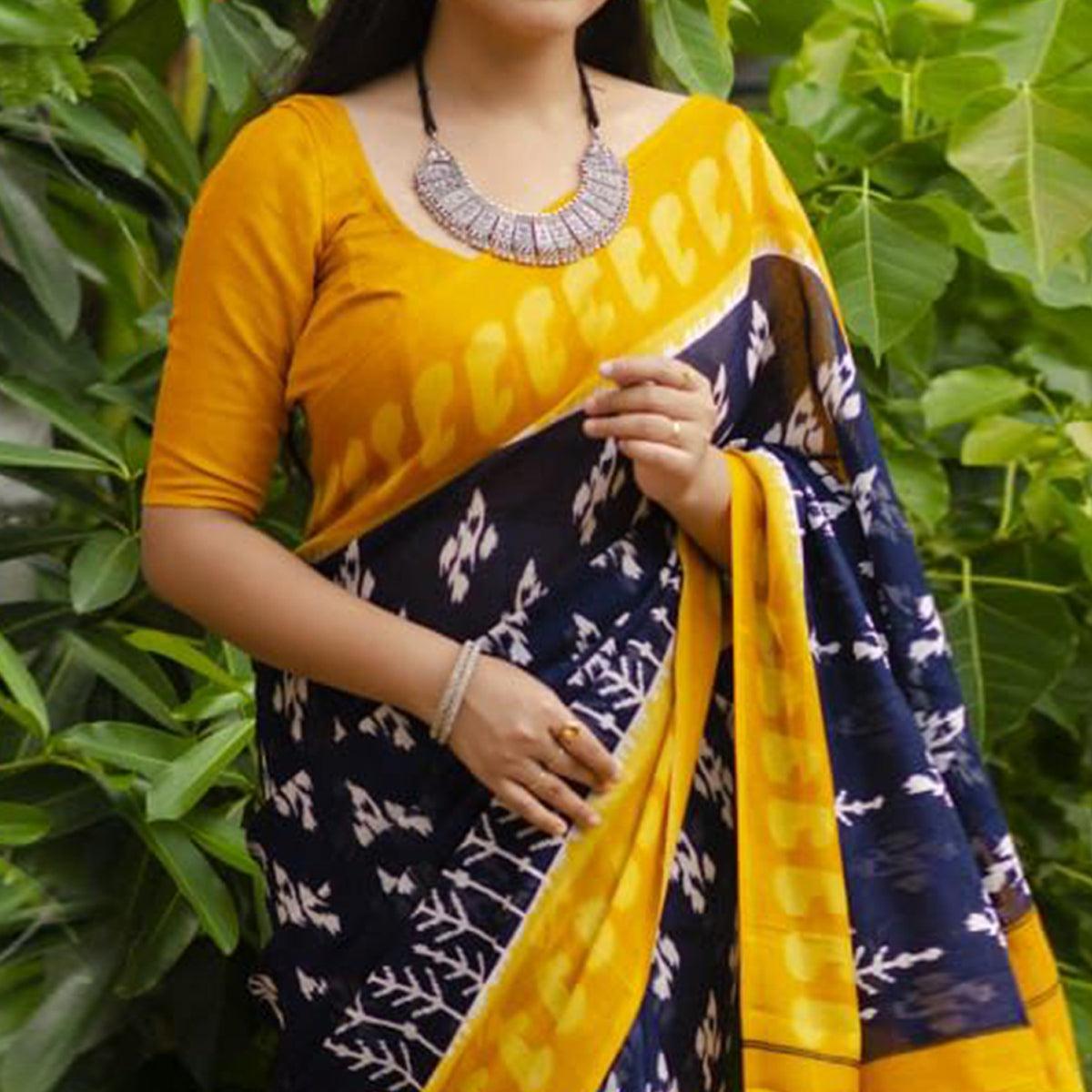 Navy Blue Digital Ikkat Printed Linen Saree - Peachmode