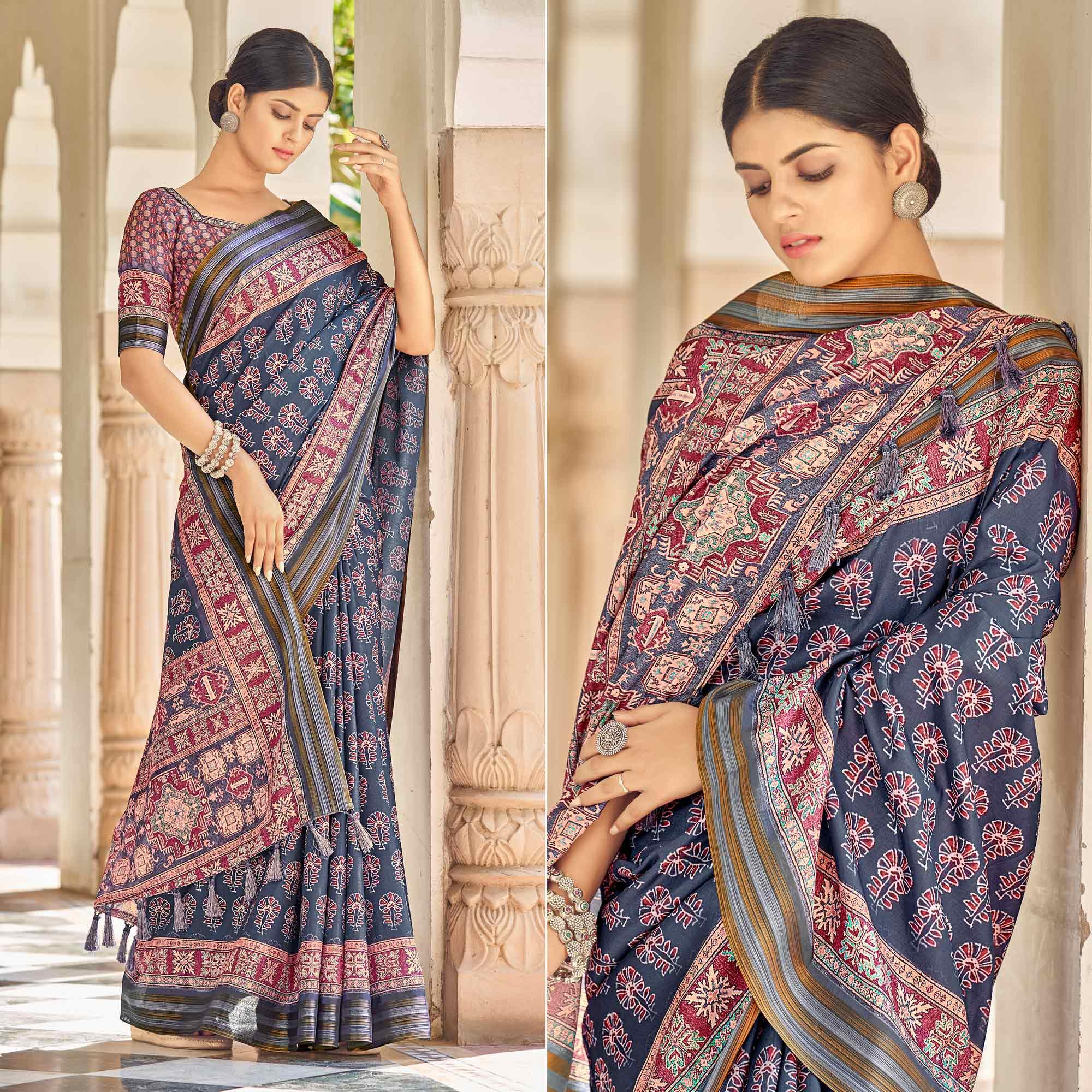 Navy Blue Digital Printed Art Silk Saree - Peachmode