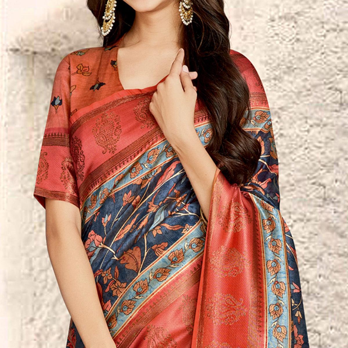 Navy Blue Digital Printed Tussar Silk Saree With Tassels - Peachmode