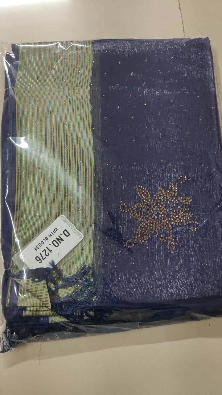 Navy Blue Embellished Georgette Saree With Tassels - Peachmode