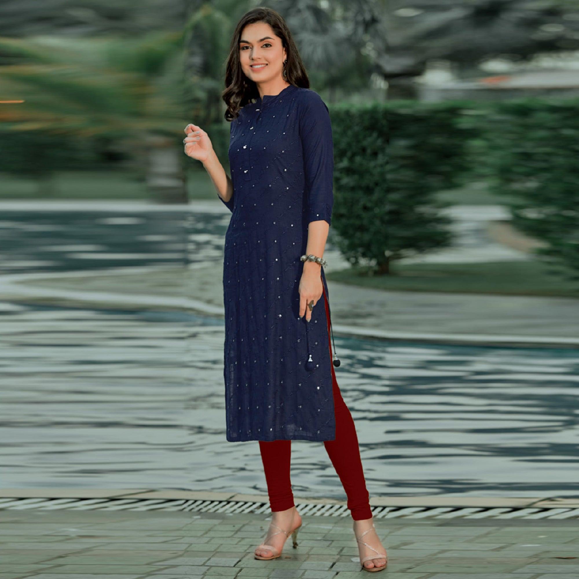 Navy Blue Embellished With Embroidered Cotton Kurti - Peachmode