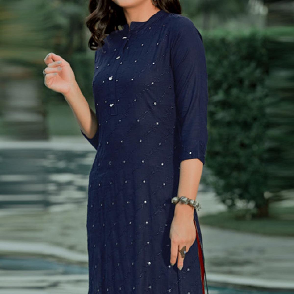 Navy Blue Embellished With Embroidered Cotton Kurti - Peachmode