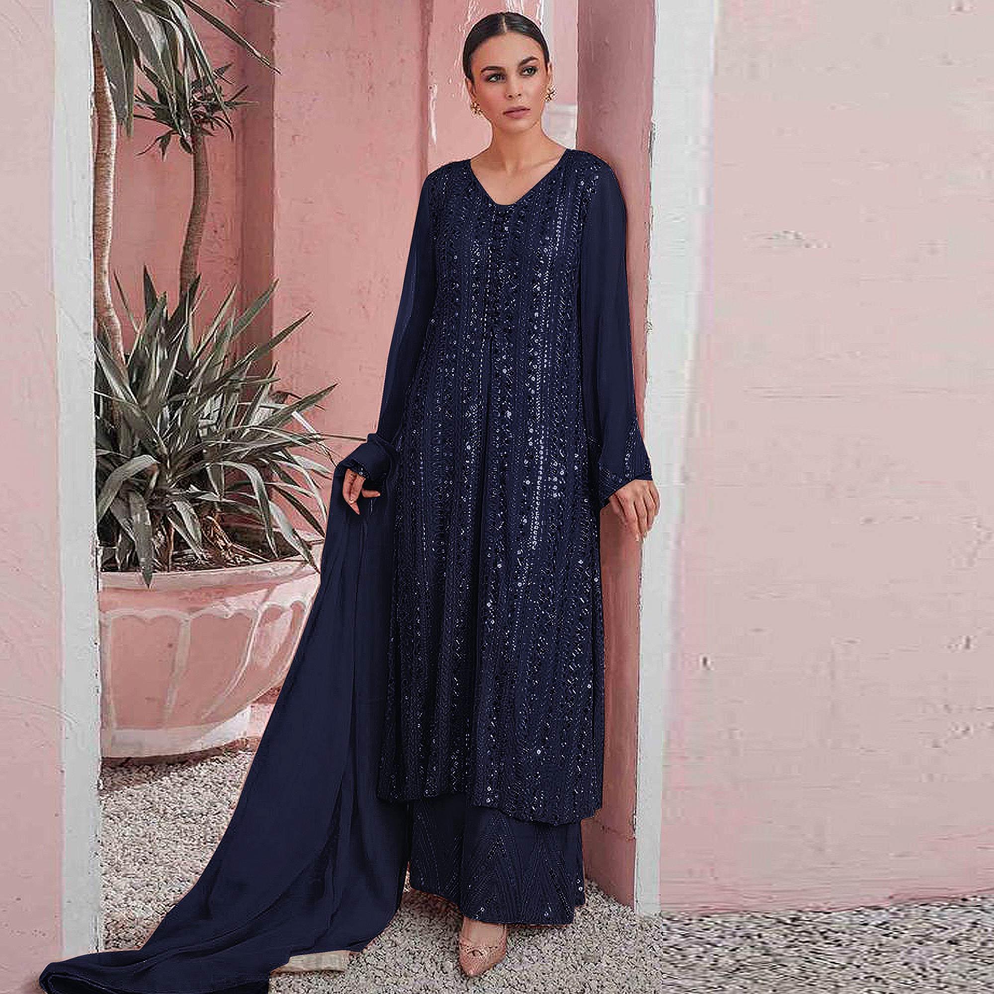 Navy Blue Embellished With Embroidered Georgette Palazzo Suit - Peachmode