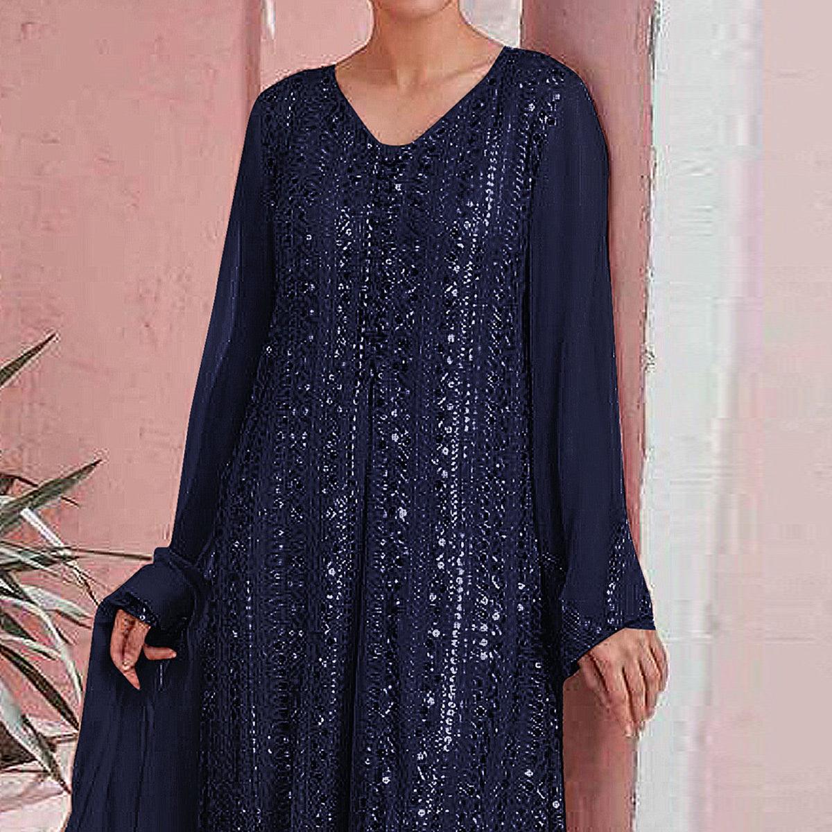 Navy Blue Embellished With Embroidered Georgette Palazzo Suit - Peachmode