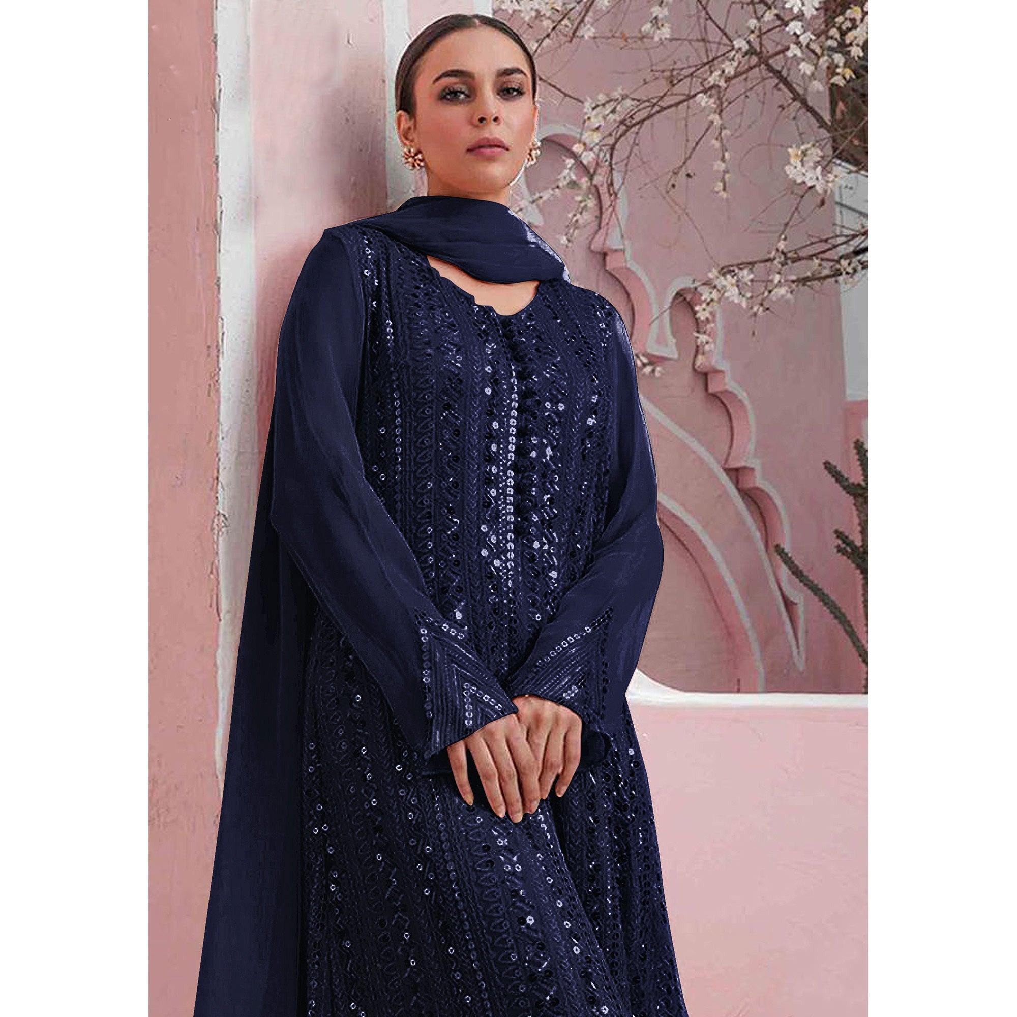 Navy Blue Embellished With Embroidered Georgette Palazzo Suit - Peachmode