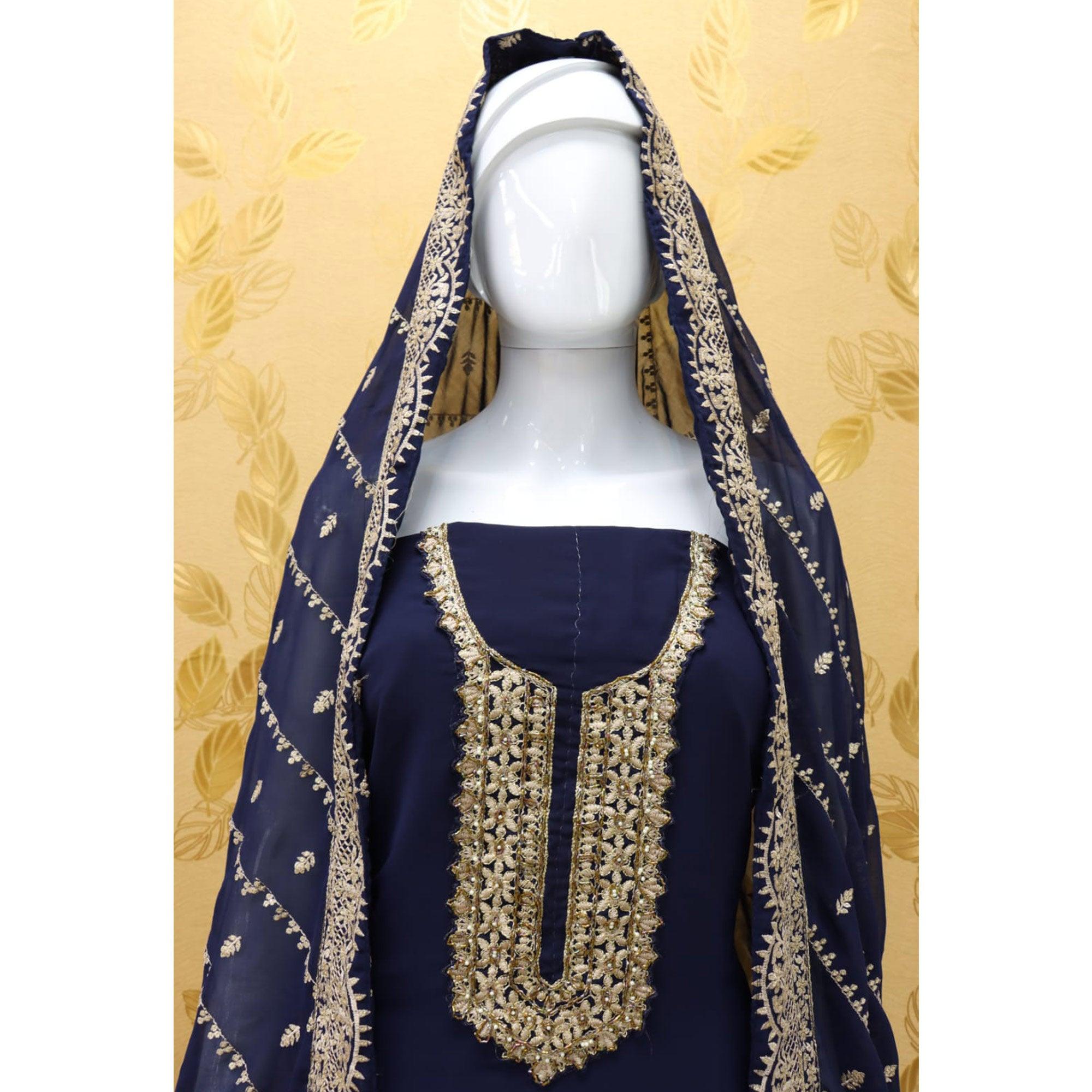 Navy Blue Embellished With Embroidered Georgette Palazzo Suit - Peachmode