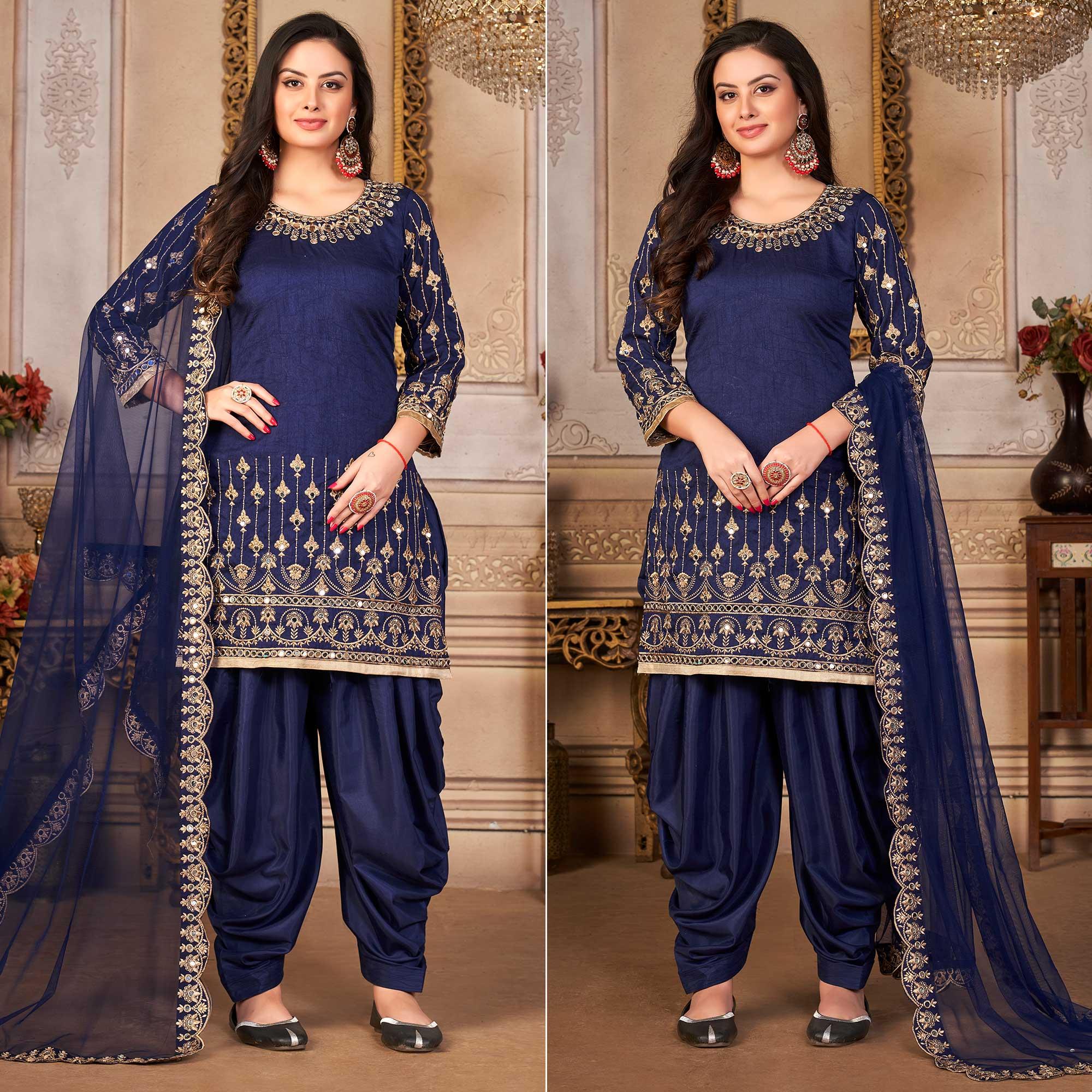 Navy Blue Embroidered Art Silk Patiala Suit - Peachmode