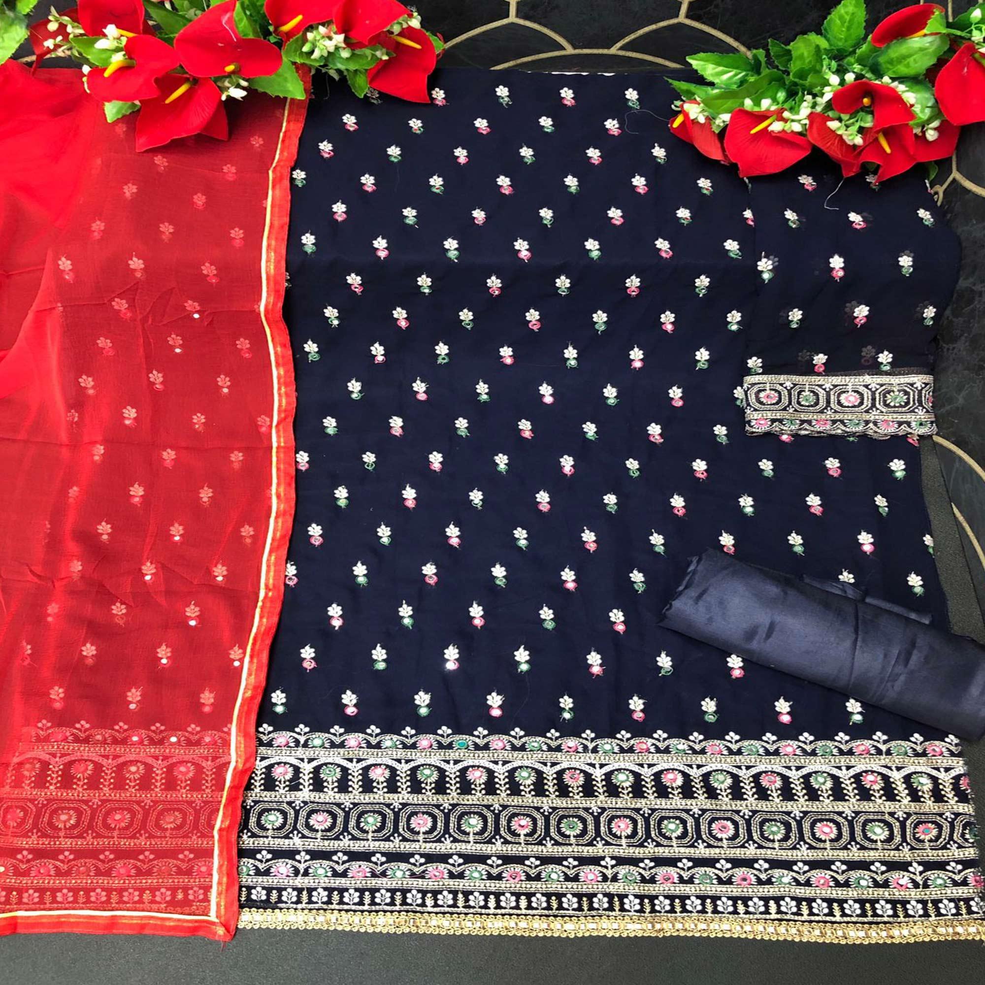 Navy Blue Embroidered Faux Georgette Partywear Patiyala Suit - Peachmode