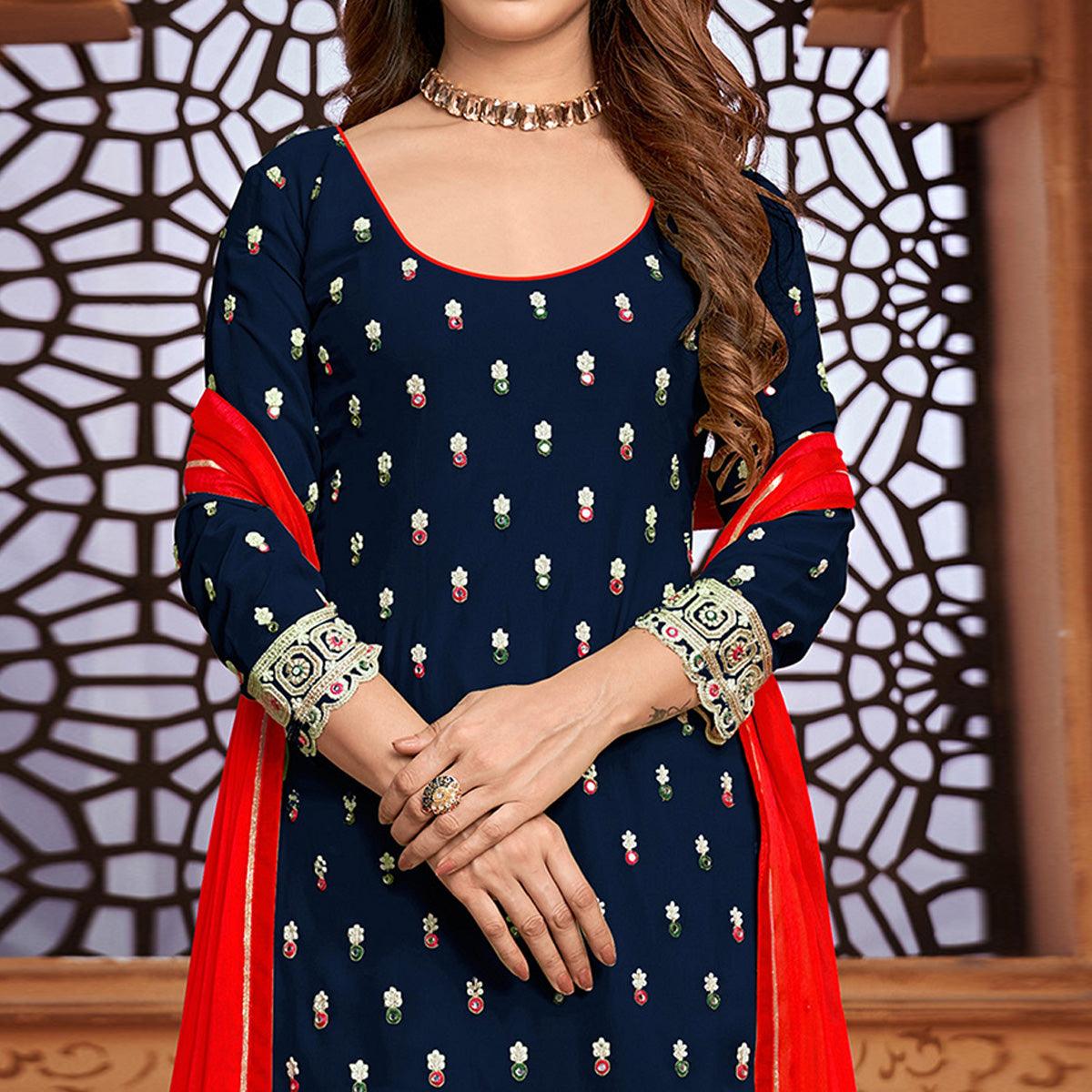 Navy Blue Embroidered Faux Georgette Partywear Patiyala Suit - Peachmode