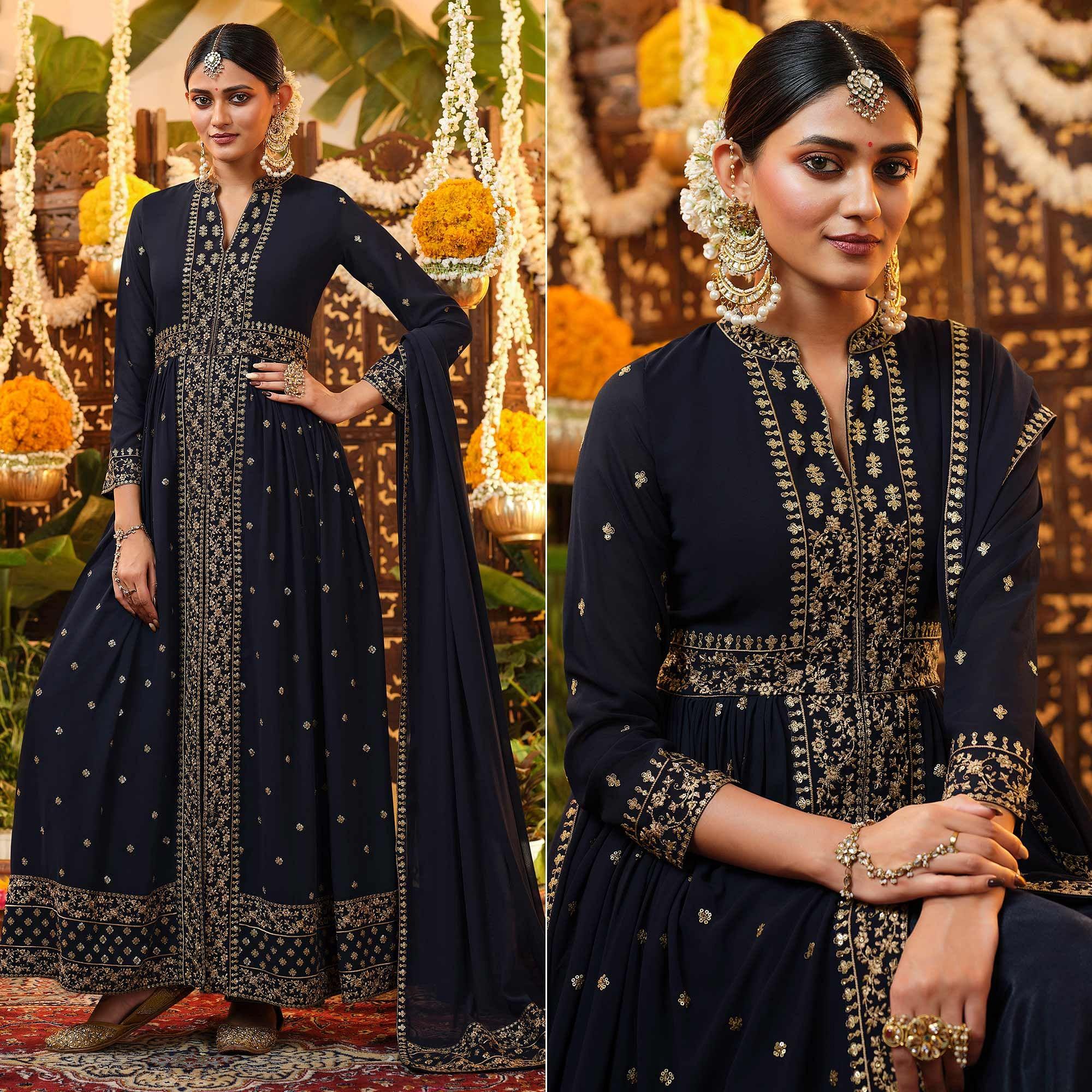 Navy Blue Embroidered Georgette Anarkali Suit - Peachmode