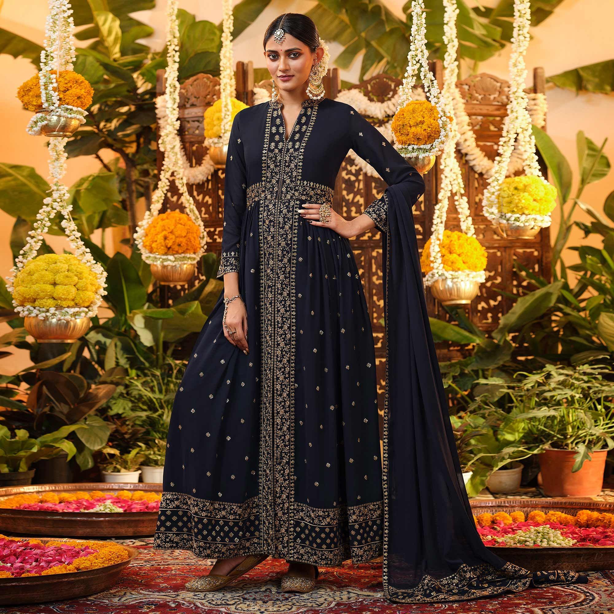 Navy Blue Embroidered Georgette Anarkali Suit - Peachmode