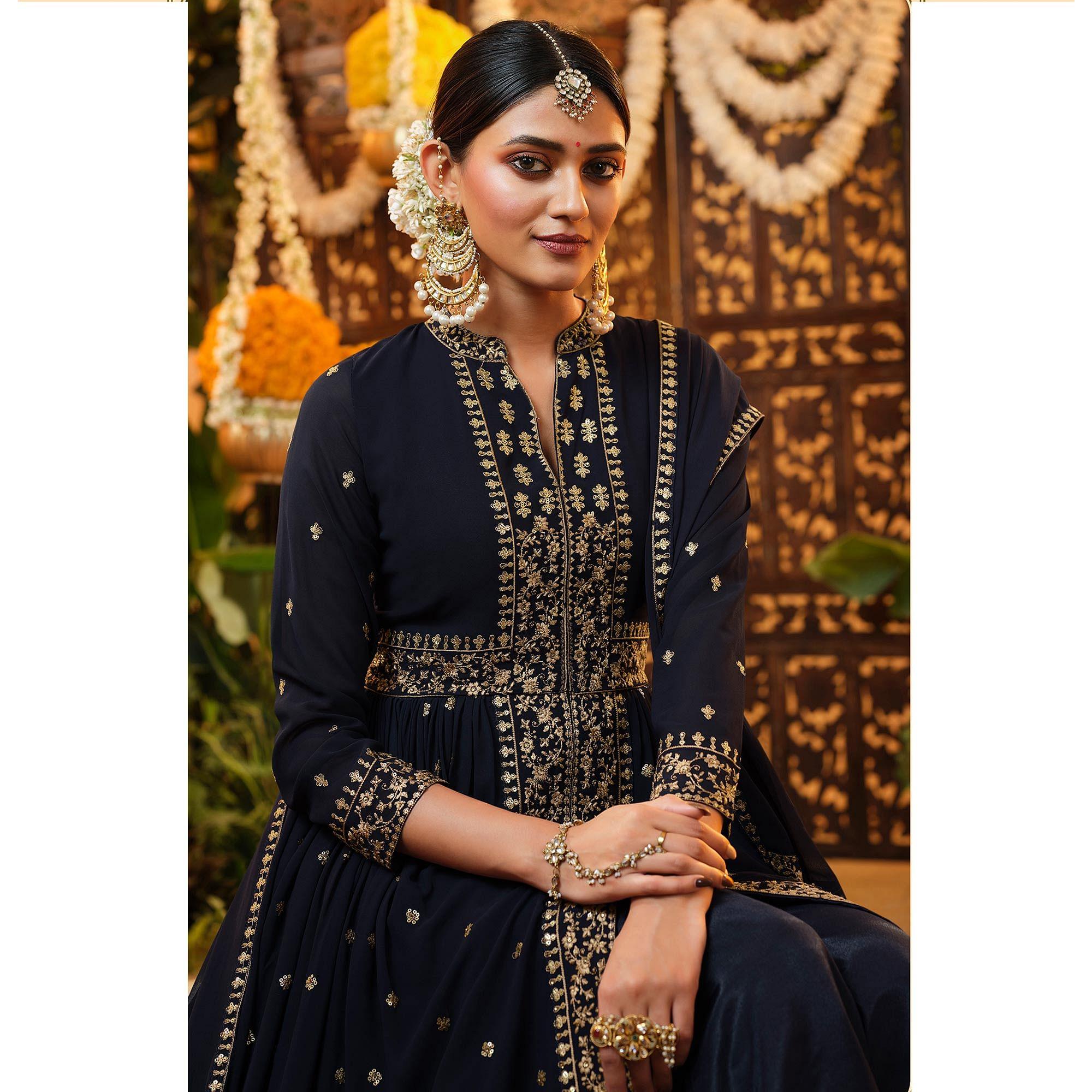 Navy Blue Embroidered Georgette Anarkali Suit - Peachmode