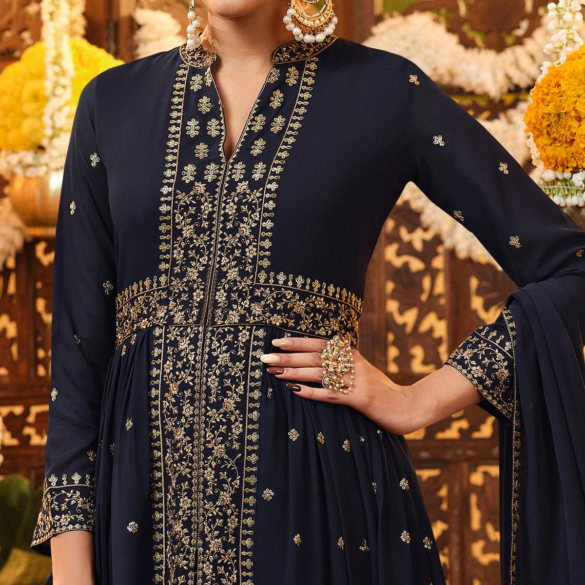 Navy Blue Embroidered Georgette Anarkali Suit - Peachmode